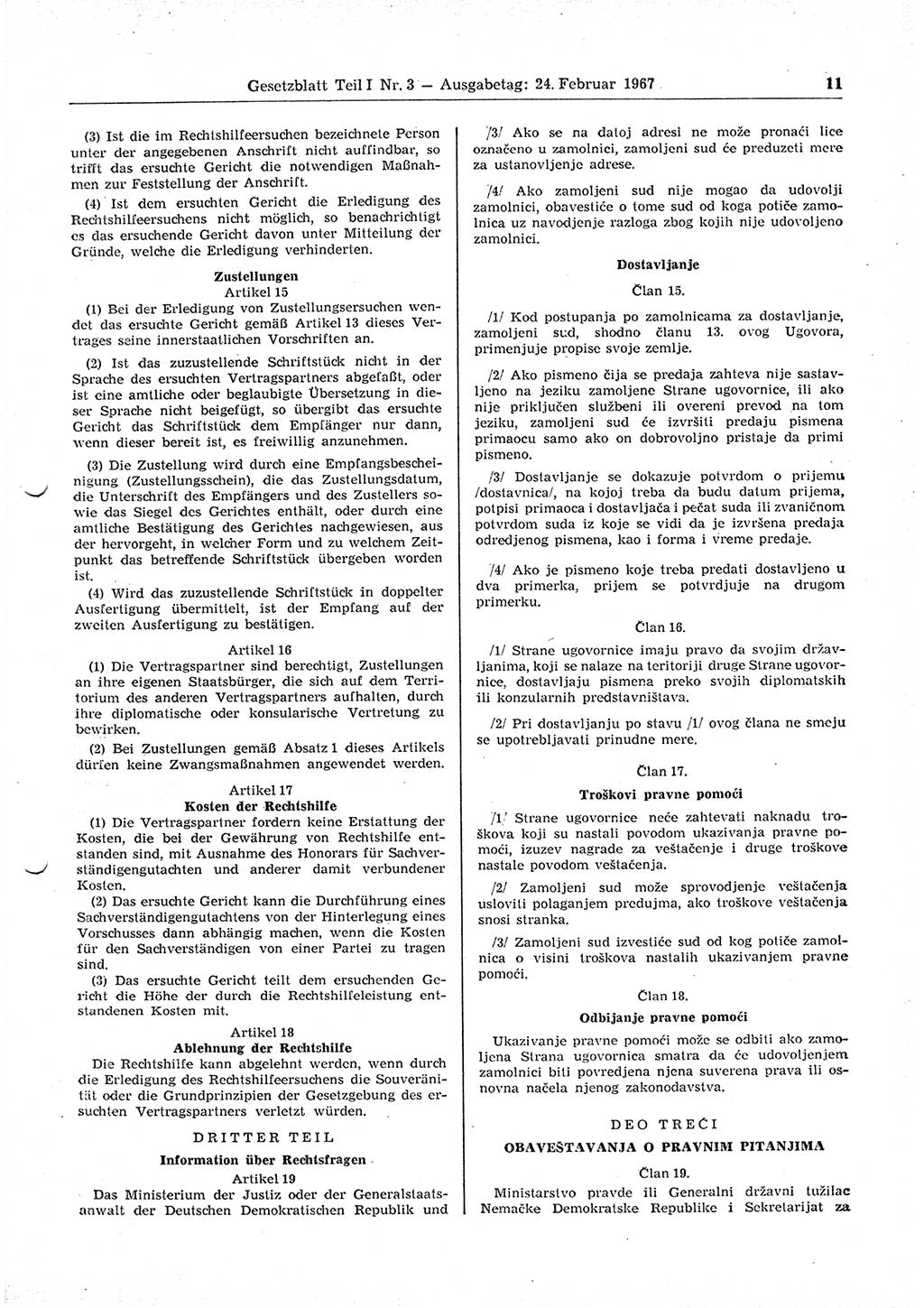Gesetzblatt (GBl.) der Deutschen Demokratischen Republik (DDR) Teil Ⅰ 1967, Seite 11 (GBl. DDR Ⅰ 1967, S. 11)