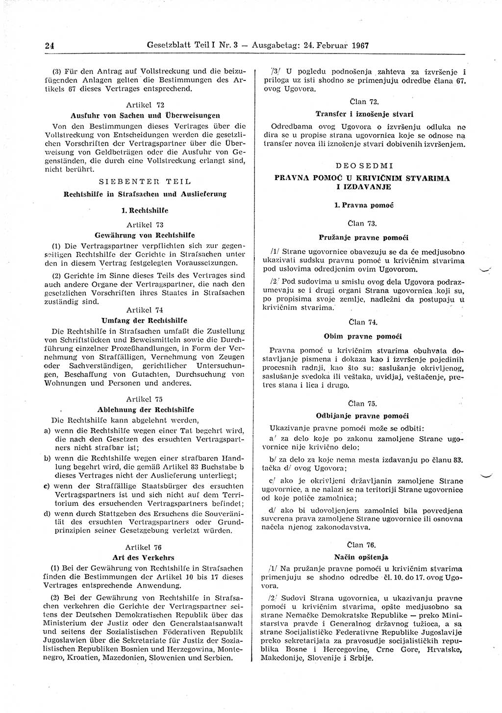 Gesetzblatt (GBl.) der Deutschen Demokratischen Republik (DDR) Teil Ⅰ 1967, Seite 24 (GBl. DDR Ⅰ 1967, S. 24)