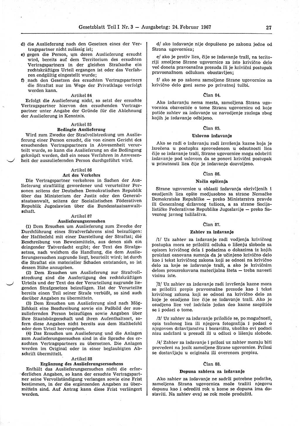 Gesetzblatt (GBl.) der Deutschen Demokratischen Republik (DDR) Teil Ⅰ 1967, Seite 27 (GBl. DDR Ⅰ 1967, S. 27)