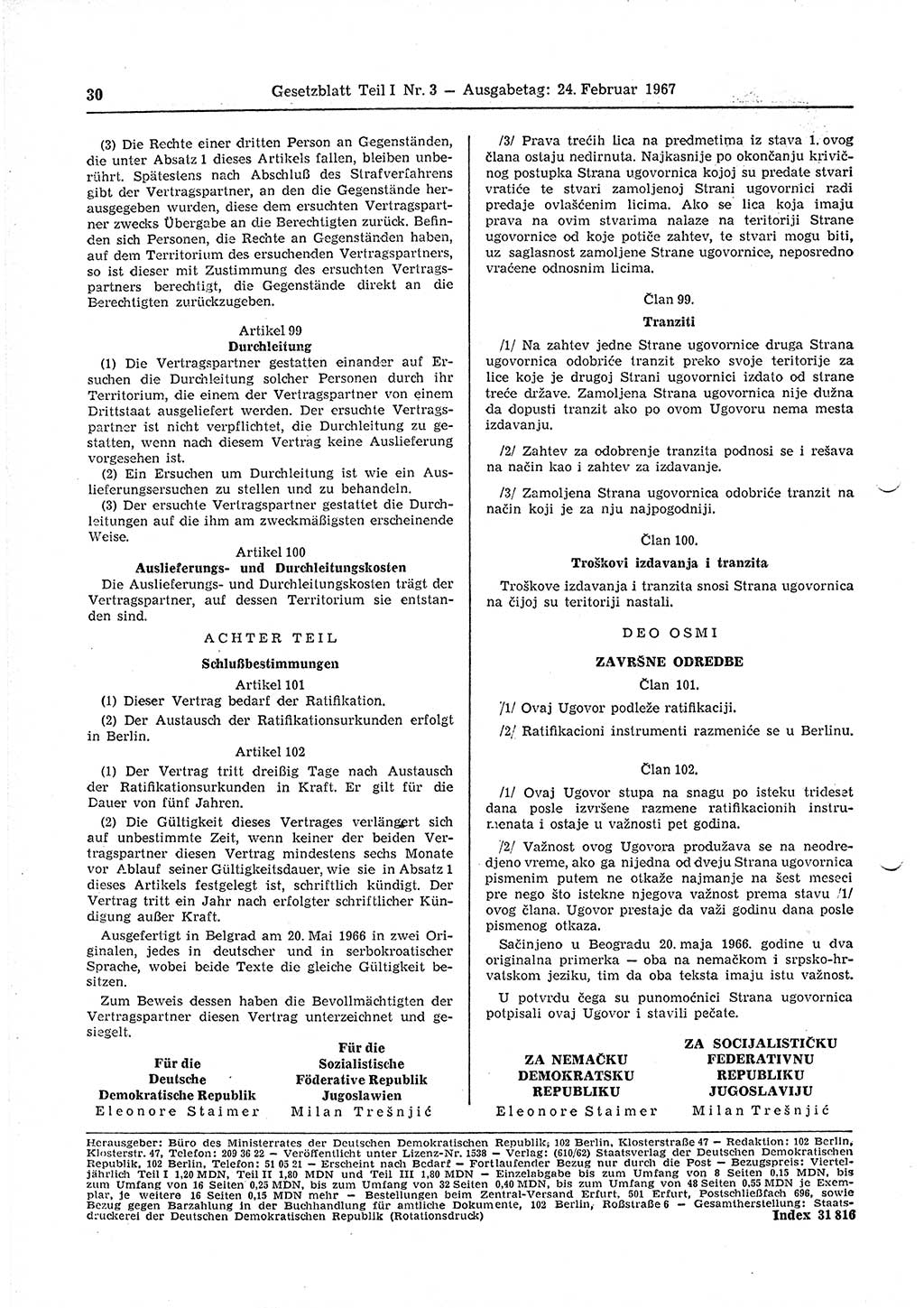 Gesetzblatt (GBl.) der Deutschen Demokratischen Republik (DDR) Teil Ⅰ 1967, Seite 30 (GBl. DDR Ⅰ 1967, S. 30)