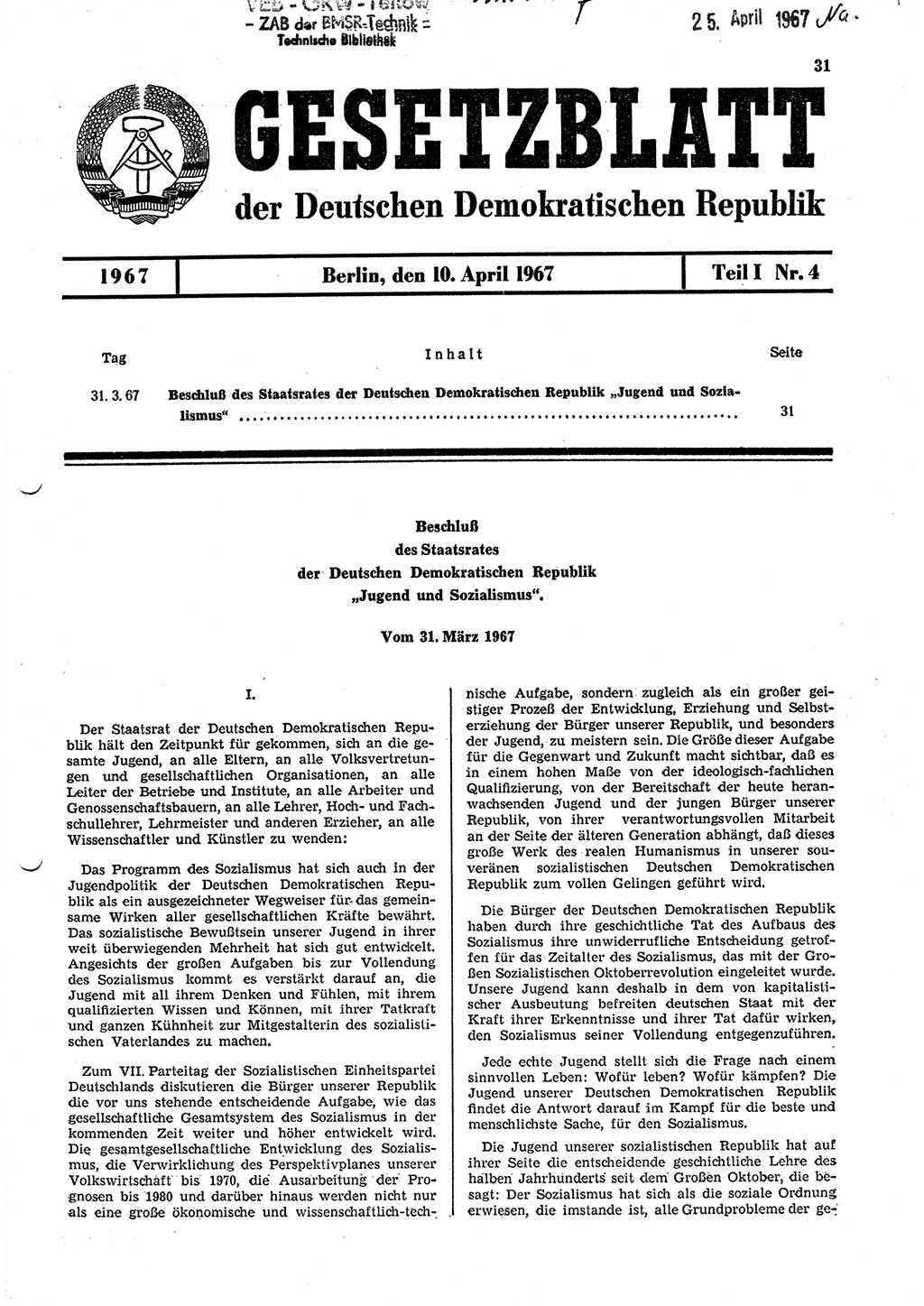 Gesetzblatt (GBl.) der Deutschen Demokratischen Republik (DDR) Teil Ⅰ 1967, Seite 31 (GBl. DDR Ⅰ 1967, S. 31)