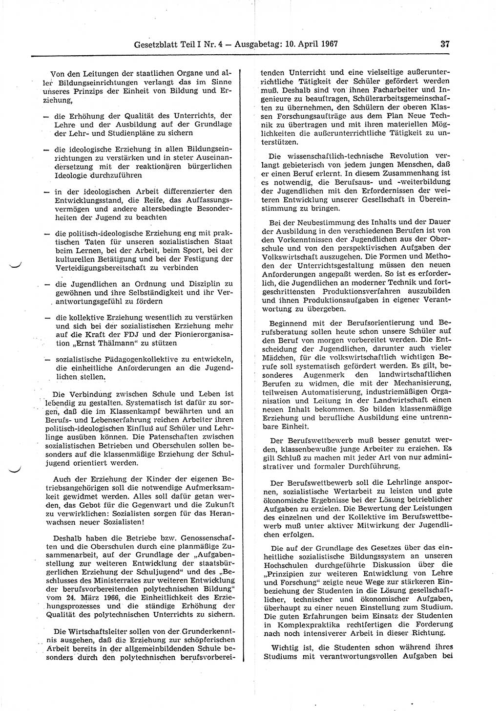 Gesetzblatt (GBl.) der Deutschen Demokratischen Republik (DDR) Teil Ⅰ 1967, Seite 37 (GBl. DDR Ⅰ 1967, S. 37)
