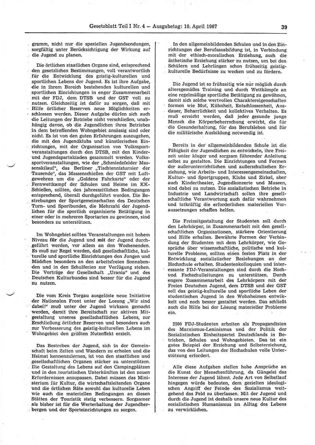 Gesetzblatt (GBl.) der Deutschen Demokratischen Republik (DDR) Teil Ⅰ 1967, Seite 39 (GBl. DDR Ⅰ 1967, S. 39)
