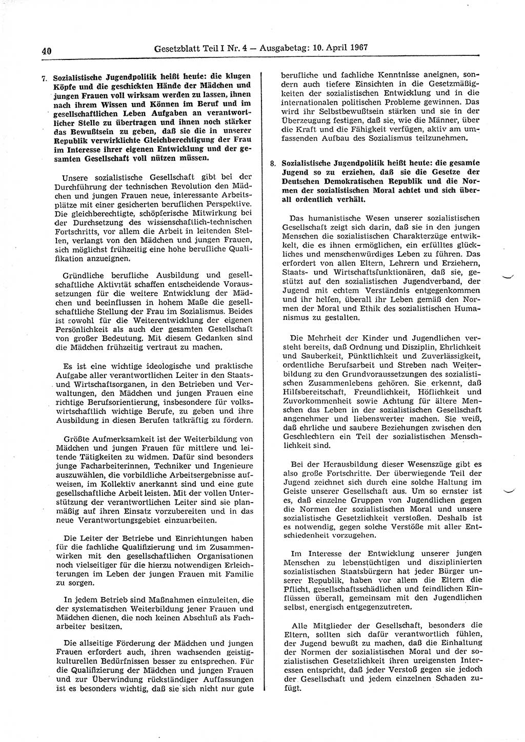 Gesetzblatt (GBl.) der Deutschen Demokratischen Republik (DDR) Teil Ⅰ 1967, Seite 40 (GBl. DDR Ⅰ 1967, S. 40)
