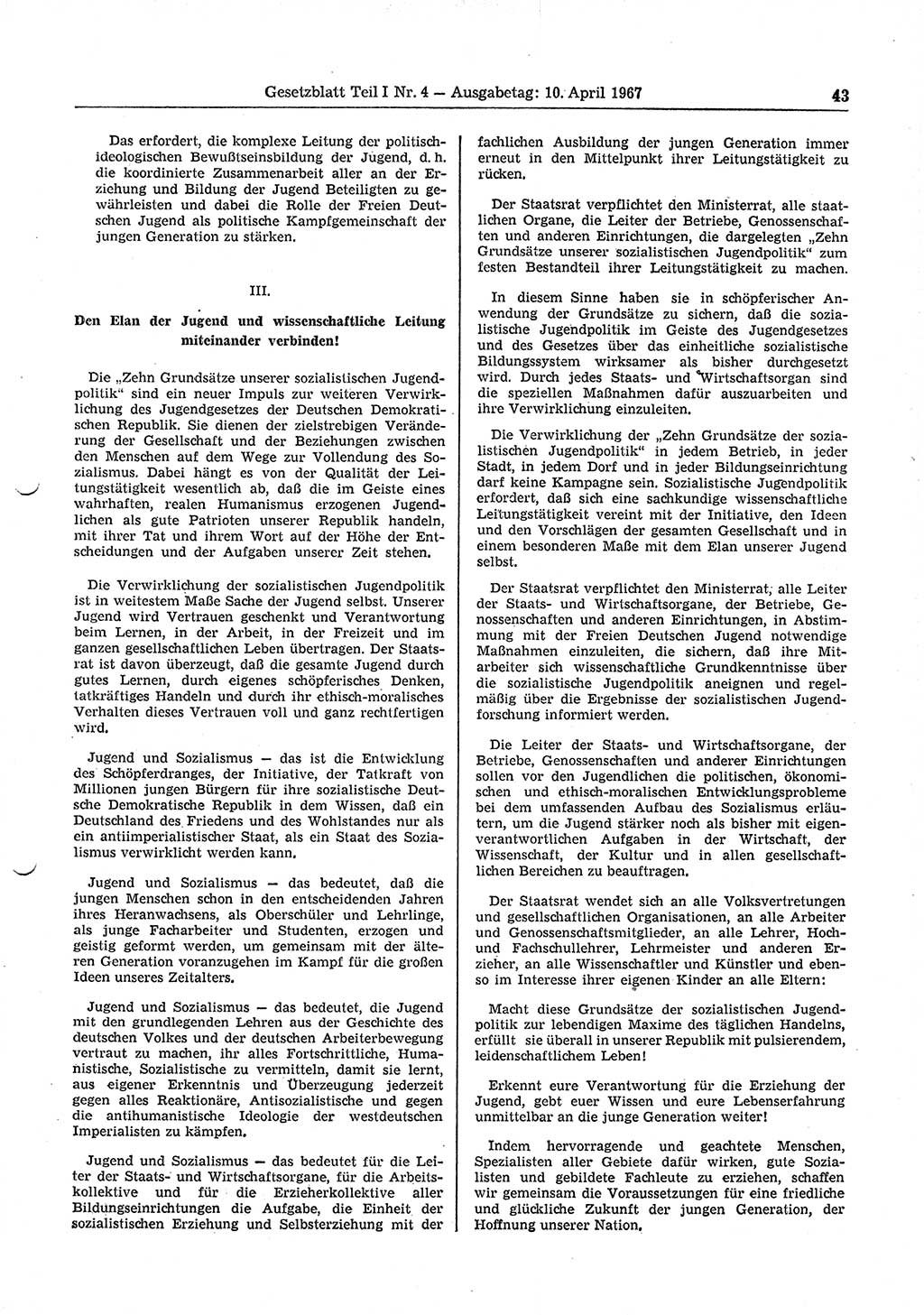 Gesetzblatt (GBl.) der Deutschen Demokratischen Republik (DDR) Teil Ⅰ 1967, Seite 43 (GBl. DDR Ⅰ 1967, S. 43)