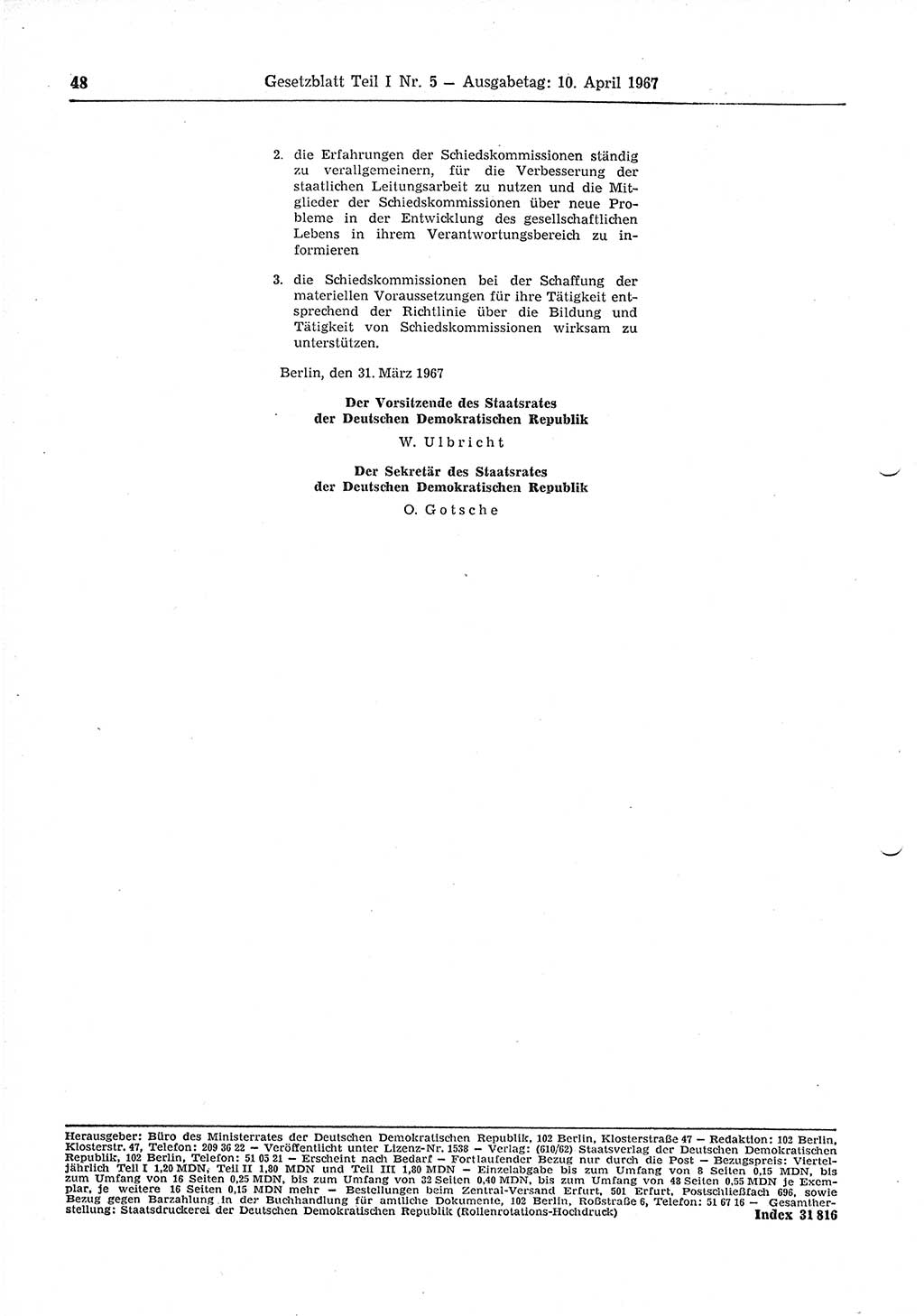 Gesetzblatt (GBl.) der Deutschen Demokratischen Republik (DDR) Teil Ⅰ 1967, Seite 48 (GBl. DDR Ⅰ 1967, S. 48)