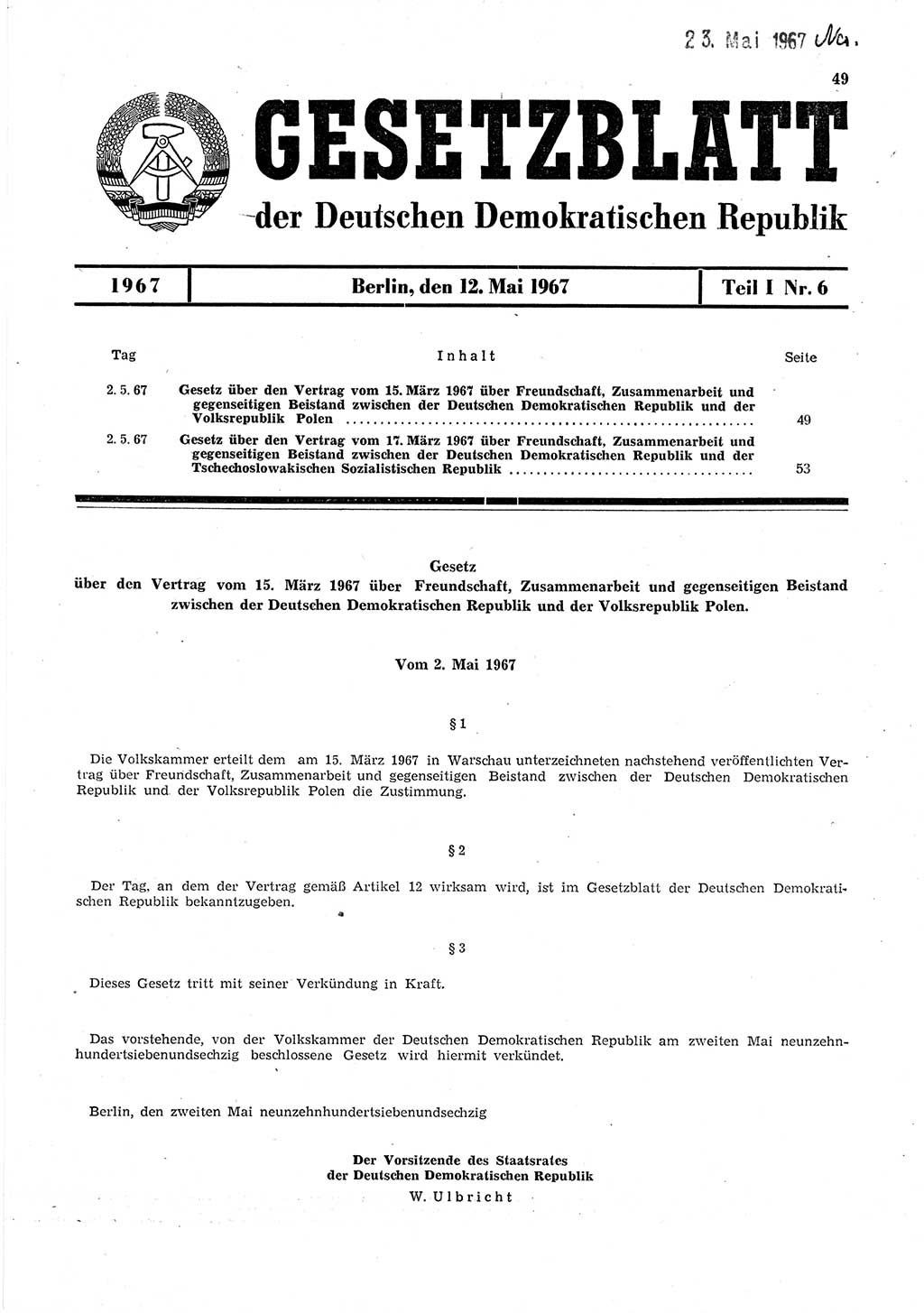 Gesetzblatt (GBl.) der Deutschen Demokratischen Republik (DDR) Teil Ⅰ 1967, Seite 49 (GBl. DDR Ⅰ 1967, S. 49)
