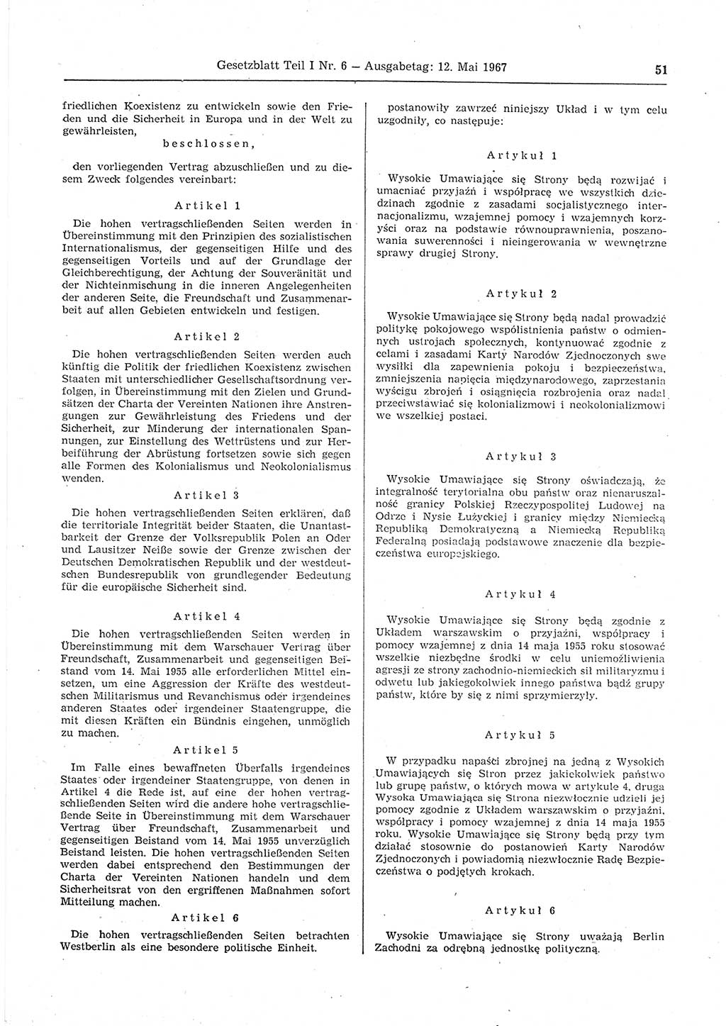 Gesetzblatt (GBl.) der Deutschen Demokratischen Republik (DDR) Teil Ⅰ 1967, Seite 51 (GBl. DDR Ⅰ 1967, S. 51)