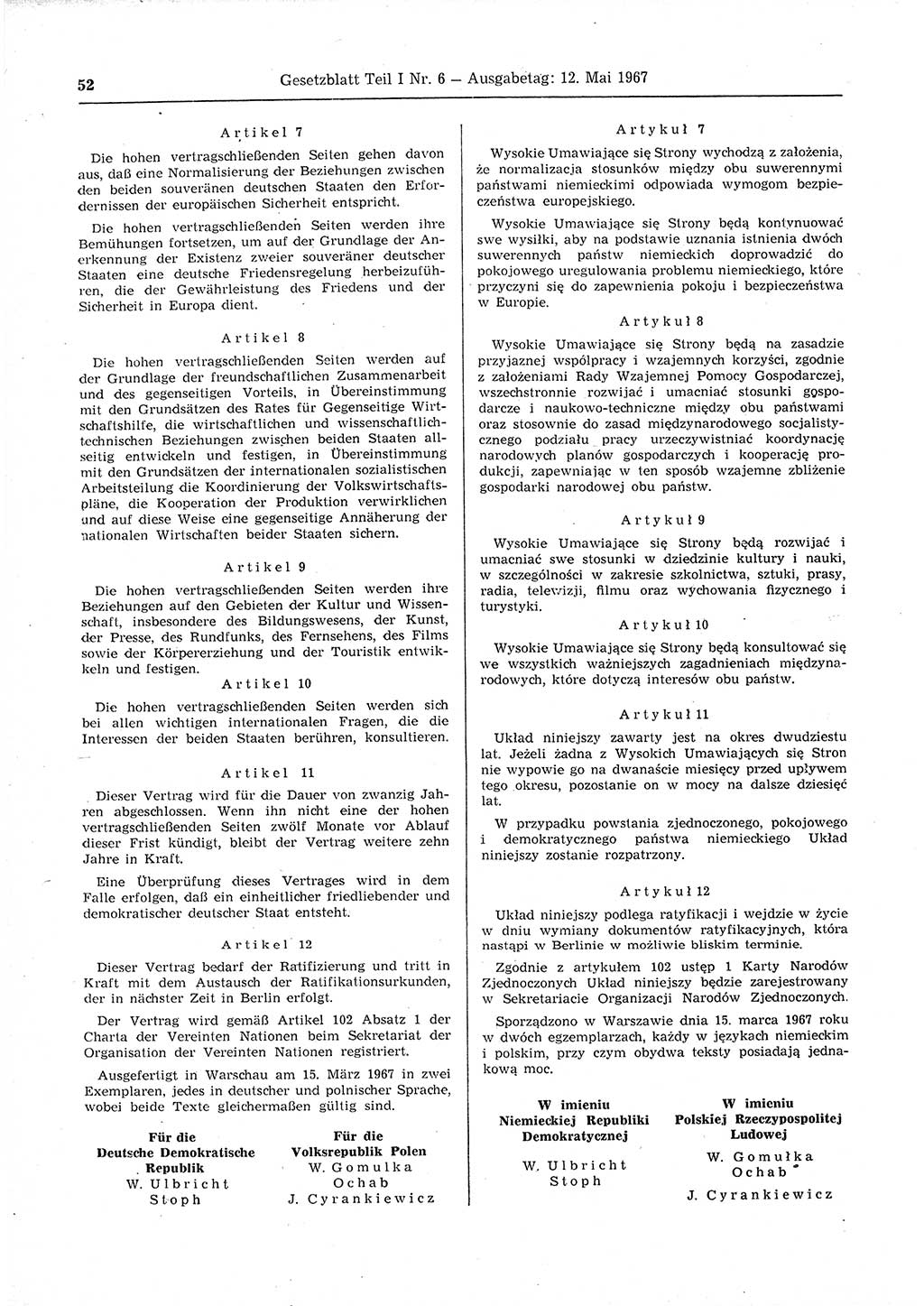 Gesetzblatt (GBl.) der Deutschen Demokratischen Republik (DDR) Teil Ⅰ 1967, Seite 52 (GBl. DDR Ⅰ 1967, S. 52)