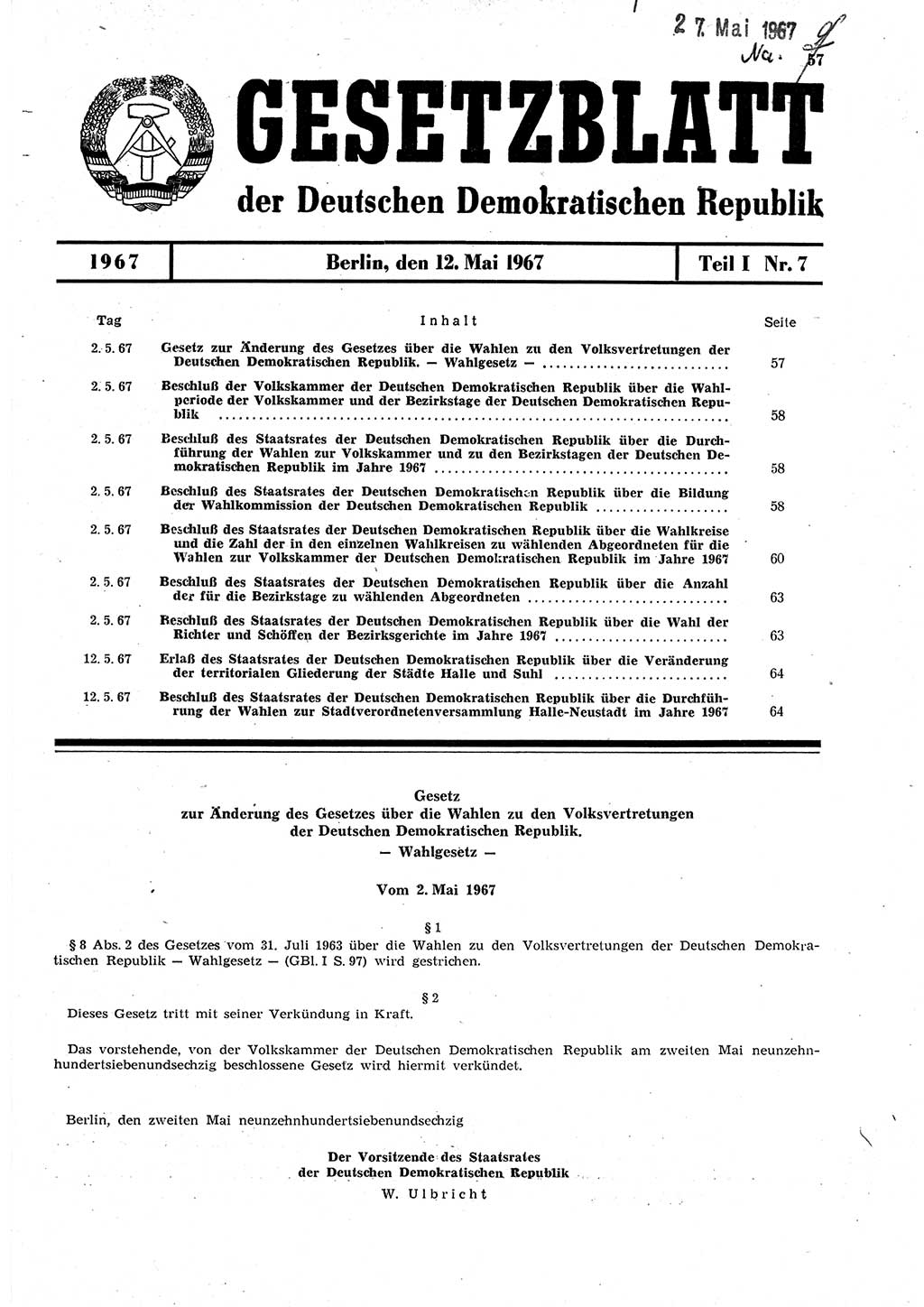 Gesetzblatt (GBl.) der Deutschen Demokratischen Republik (DDR) Teil Ⅰ 1967, Seite 57 (GBl. DDR Ⅰ 1967, S. 57)