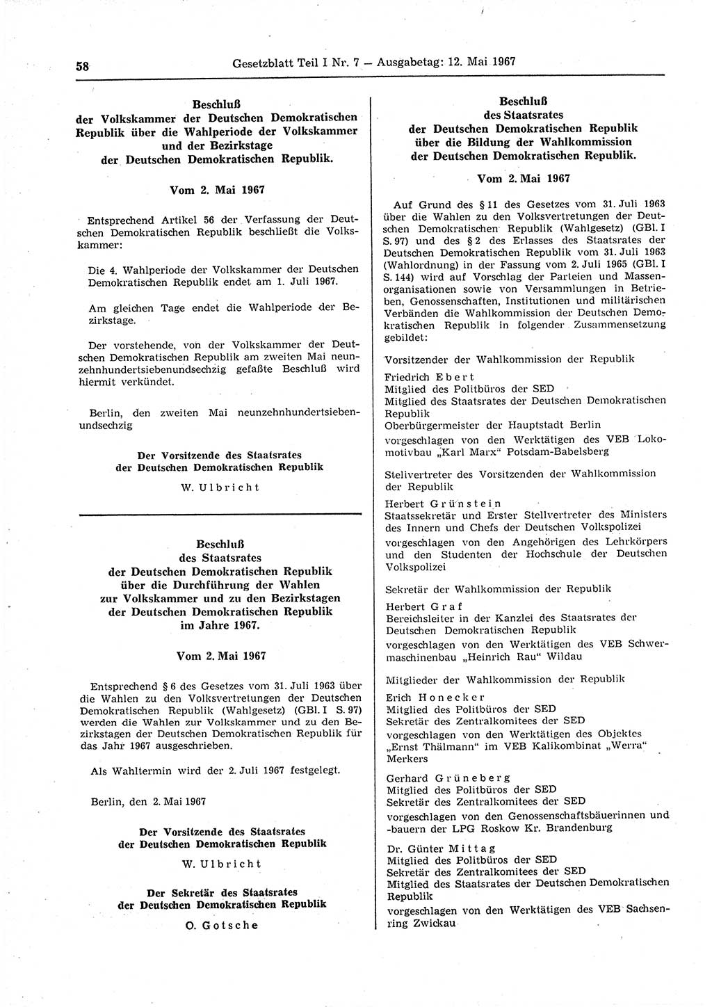 Gesetzblatt (GBl.) der Deutschen Demokratischen Republik (DDR) Teil Ⅰ 1967, Seite 58 (GBl. DDR Ⅰ 1967, S. 58)