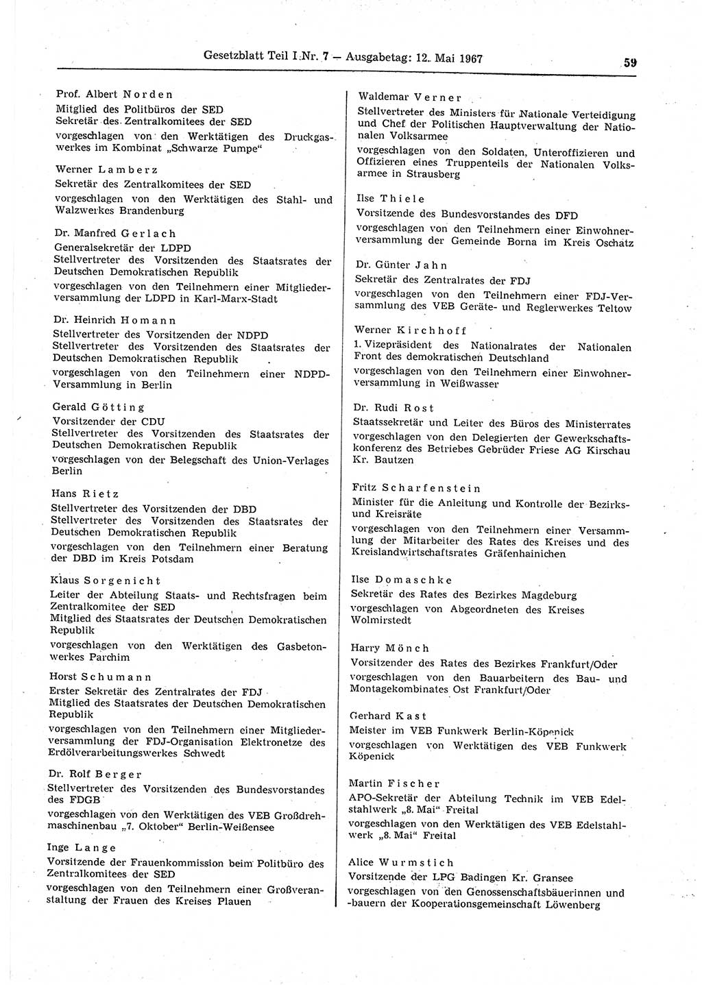 Gesetzblatt (GBl.) der Deutschen Demokratischen Republik (DDR) Teil Ⅰ 1967, Seite 59 (GBl. DDR Ⅰ 1967, S. 59)
