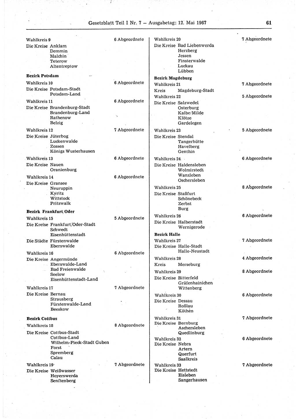 Gesetzblatt (GBl.) der Deutschen Demokratischen Republik (DDR) Teil Ⅰ 1967, Seite 61 (GBl. DDR Ⅰ 1967, S. 61)