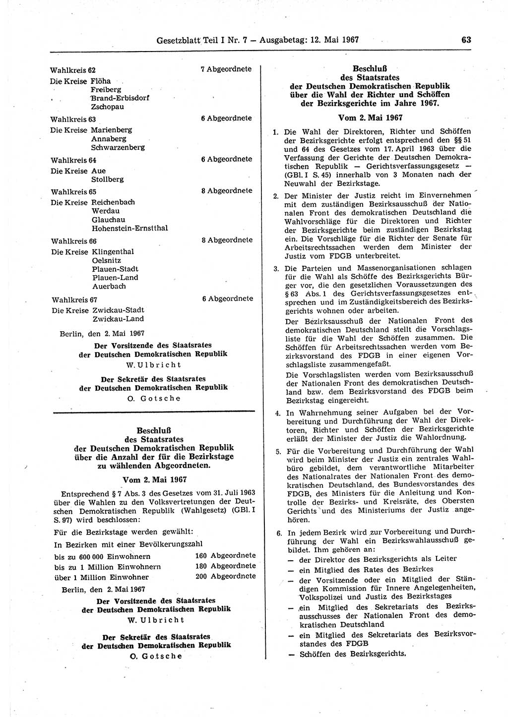 Gesetzblatt (GBl.) der Deutschen Demokratischen Republik (DDR) Teil Ⅰ 1967, Seite 63 (GBl. DDR Ⅰ 1967, S. 63)