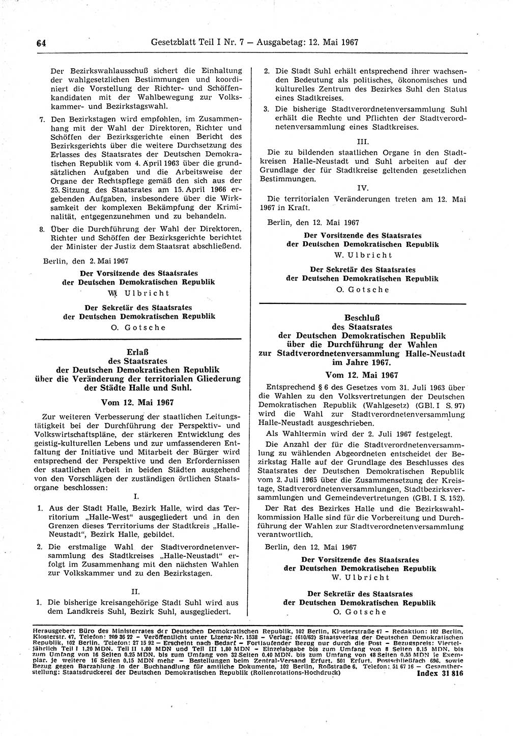 Gesetzblatt (GBl.) der Deutschen Demokratischen Republik (DDR) Teil Ⅰ 1967, Seite 64 (GBl. DDR Ⅰ 1967, S. 64)