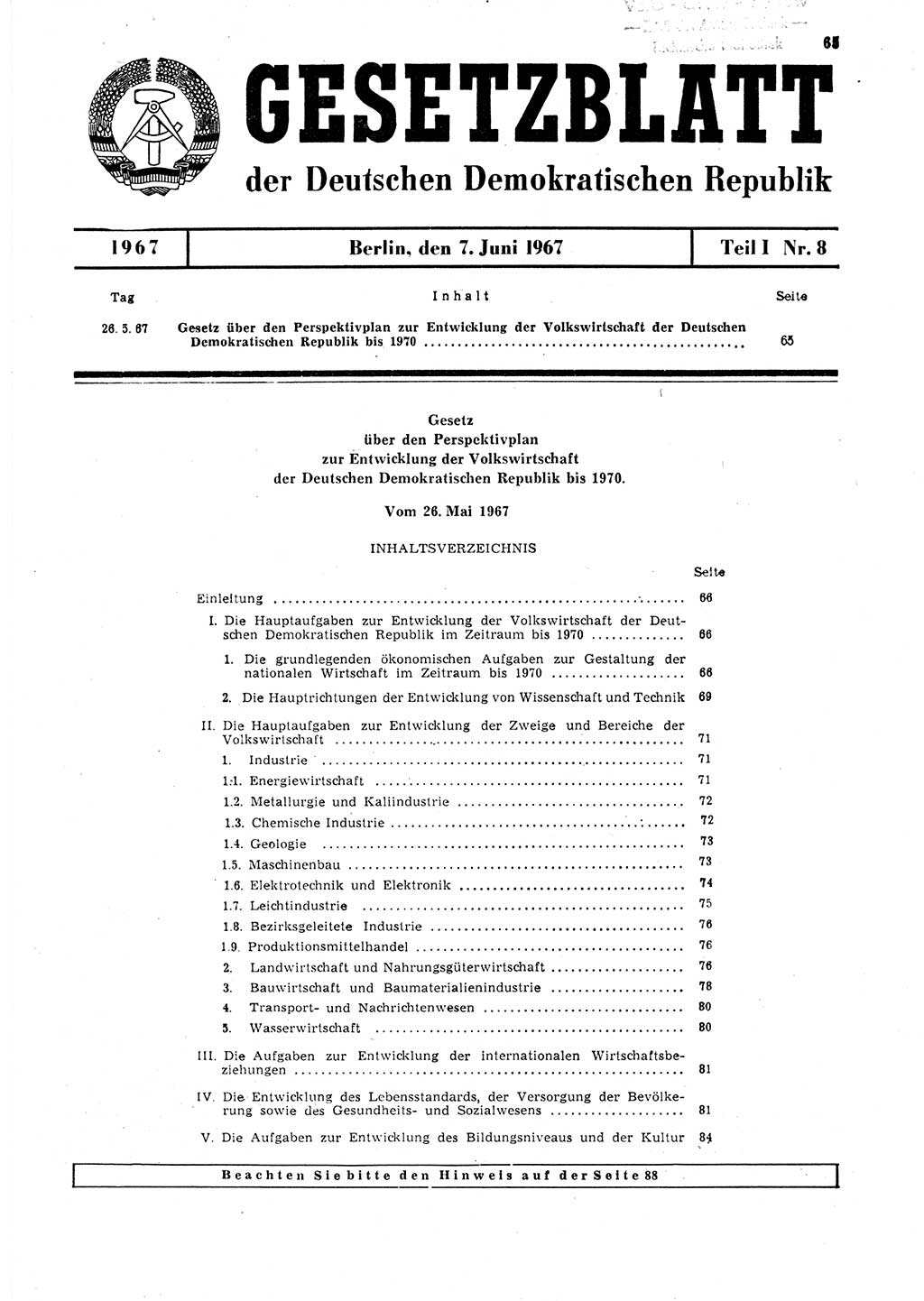 Gesetzblatt (GBl.) der Deutschen Demokratischen Republik (DDR) Teil Ⅰ 1967, Seite 65 (GBl. DDR Ⅰ 1967, S. 65)