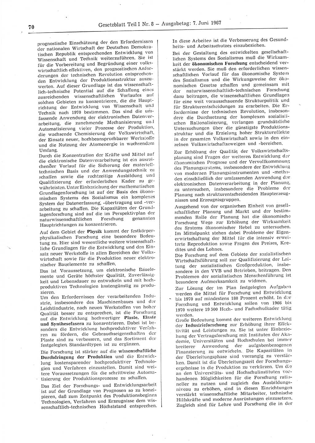 Gesetzblatt (GBl.) der Deutschen Demokratischen Republik (DDR) Teil Ⅰ 1967, Seite 70 (GBl. DDR Ⅰ 1967, S. 70)