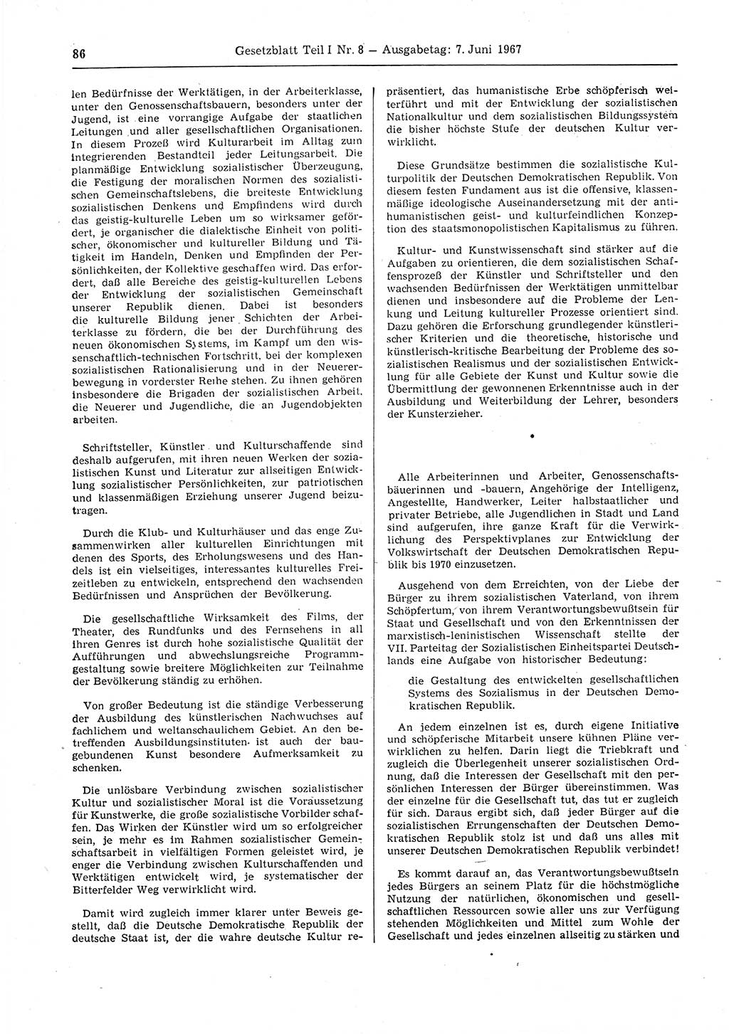 Gesetzblatt (GBl.) der Deutschen Demokratischen Republik (DDR) Teil Ⅰ 1967, Seite 86 (GBl. DDR Ⅰ 1967, S. 86)