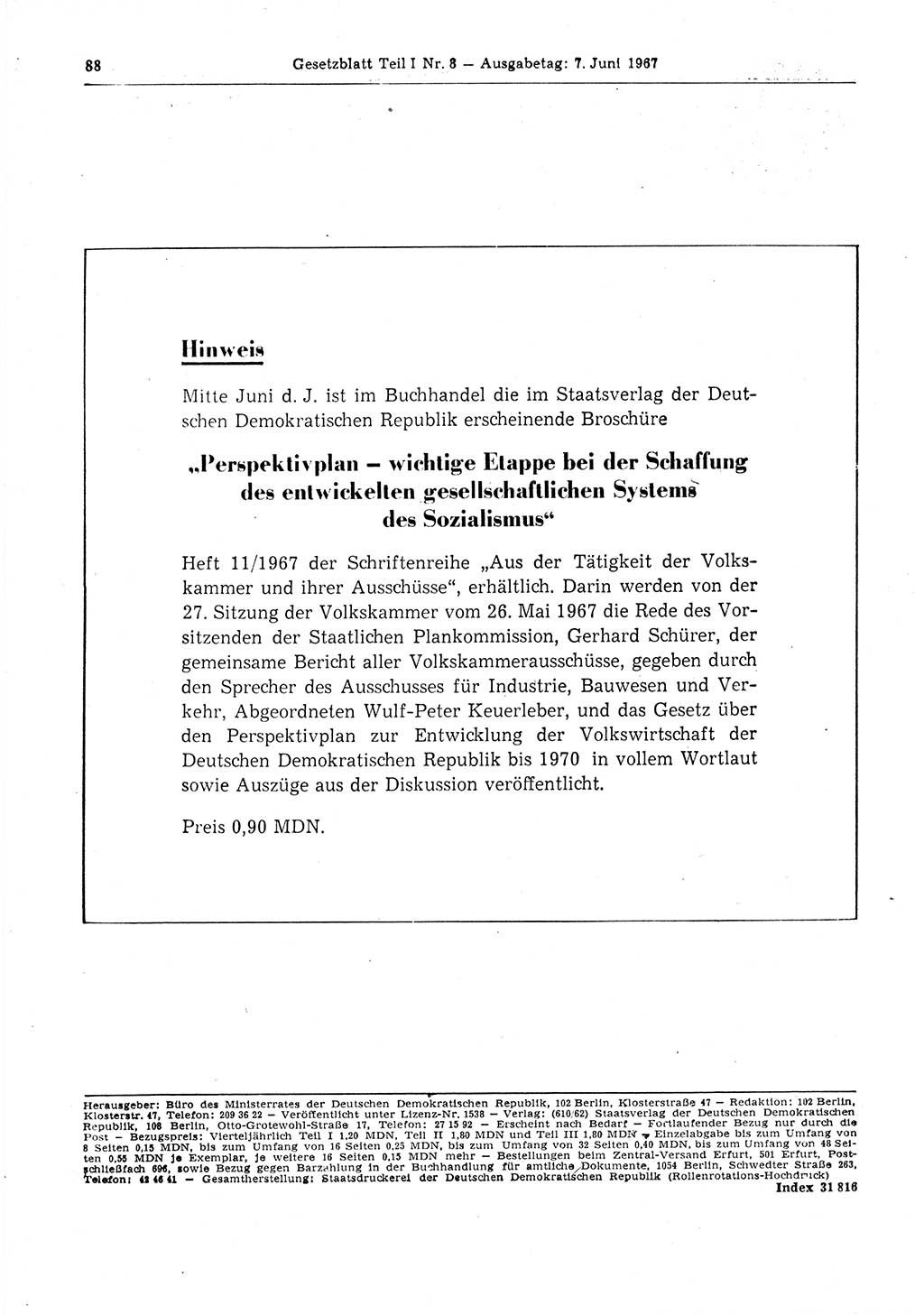 Gesetzblatt (GBl.) der Deutschen Demokratischen Republik (DDR) Teil Ⅰ 1967, Seite 88 (GBl. DDR Ⅰ 1967, S. 88)