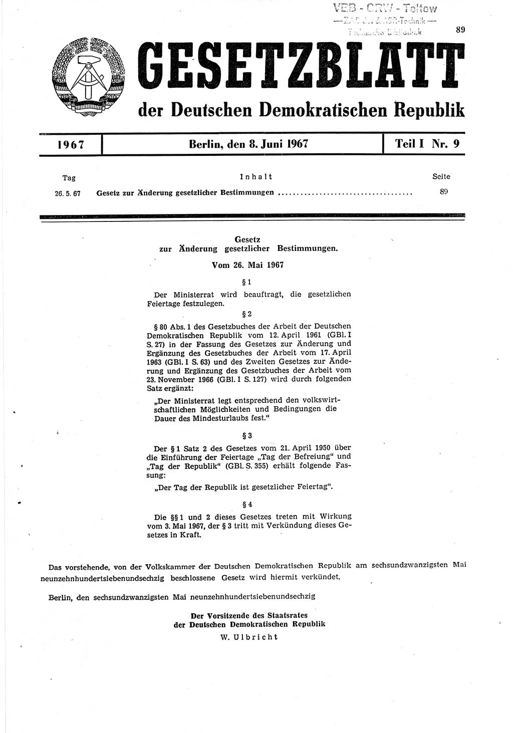 Gesetzblatt (GBl.) der Deutschen Demokratischen Republik (DDR) Teil Ⅰ 1967, Seite 89 (GBl. DDR Ⅰ 1967, S. 89)