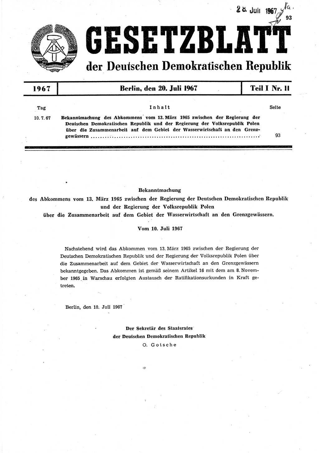 Gesetzblatt (GBl.) der Deutschen Demokratischen Republik (DDR) Teil Ⅰ 1967, Seite 93 (GBl. DDR Ⅰ 1967, S. 93)