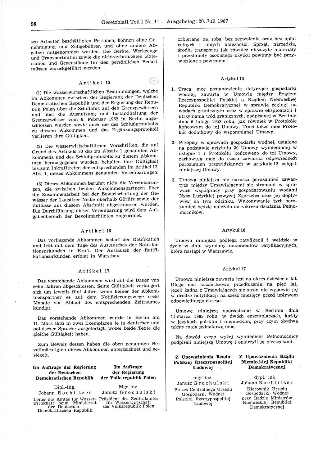 Gesetzblatt (GBl.) der Deutschen Demokratischen Republik (DDR) Teil Ⅰ 1967, Seite 98 (GBl. DDR Ⅰ 1967, S. 98)