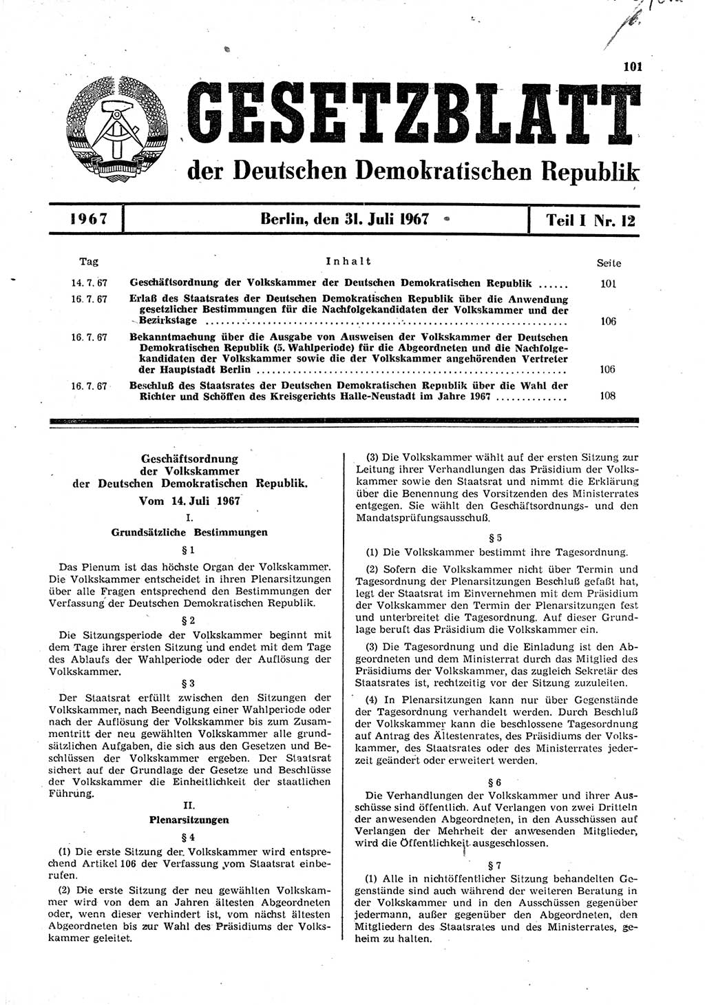 Gesetzblatt (GBl.) der Deutschen Demokratischen Republik (DDR) Teil Ⅰ 1967, Seite 101 (GBl. DDR Ⅰ 1967, S. 101)