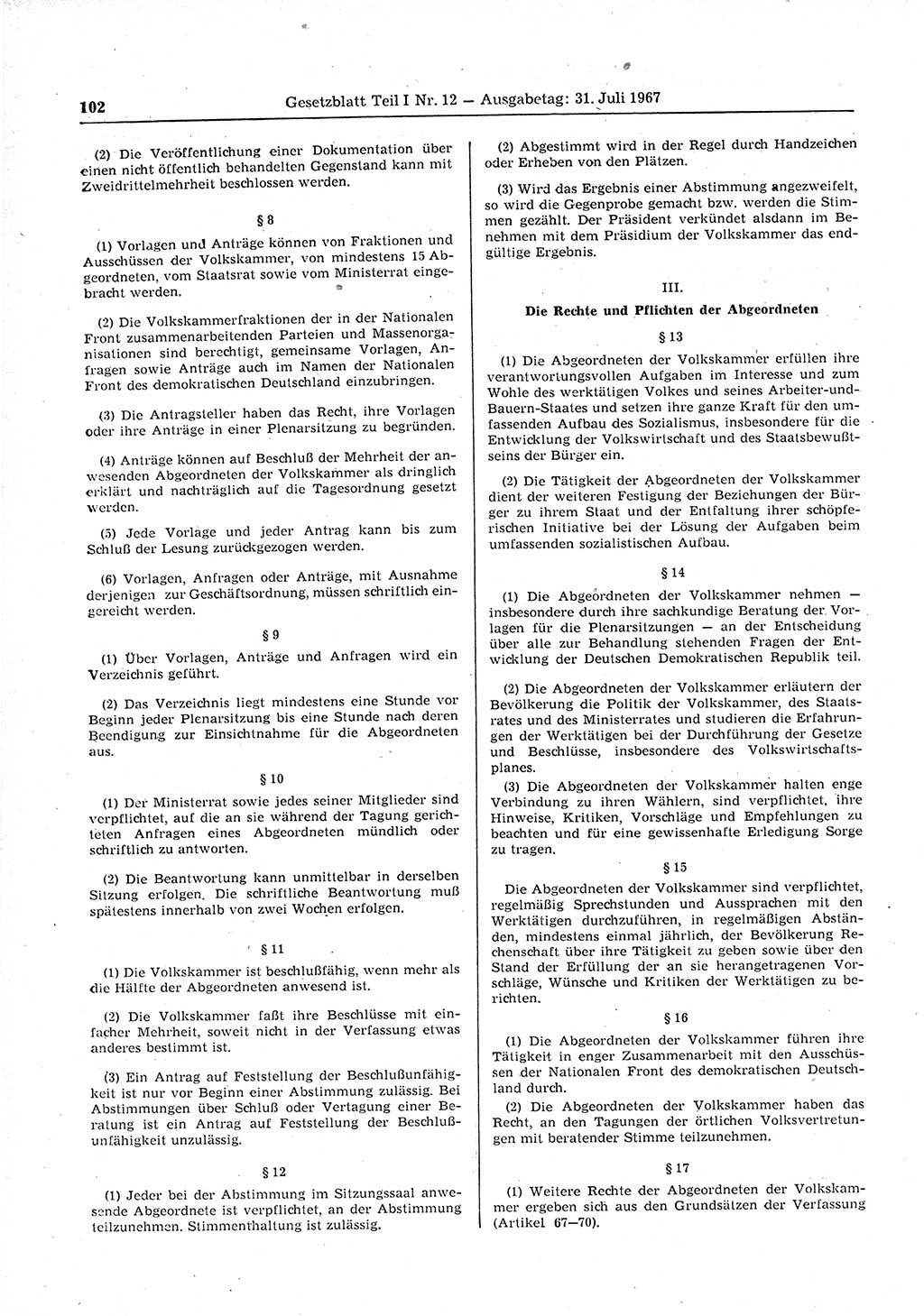 Gesetzblatt (GBl.) der Deutschen Demokratischen Republik (DDR) Teil Ⅰ 1967, Seite 102 (GBl. DDR Ⅰ 1967, S. 102)