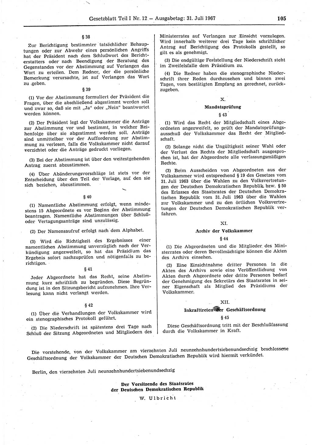 Gesetzblatt (GBl.) der Deutschen Demokratischen Republik (DDR) Teil Ⅰ 1967, Seite 105 (GBl. DDR Ⅰ 1967, S. 105)