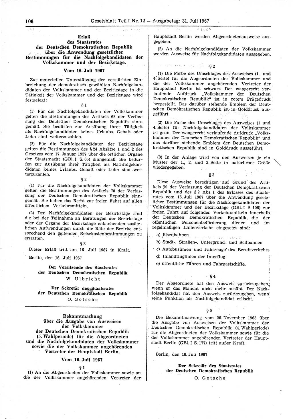 Gesetzblatt (GBl.) der Deutschen Demokratischen Republik (DDR) Teil Ⅰ 1967, Seite 106 (GBl. DDR Ⅰ 1967, S. 106)