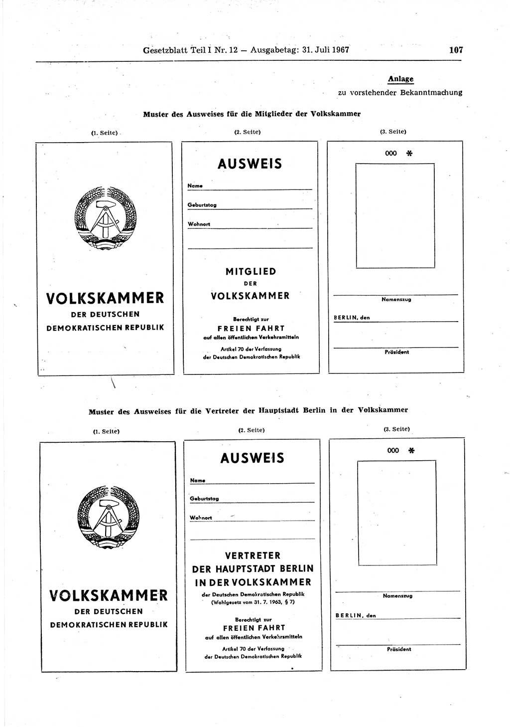 Gesetzblatt (GBl.) der Deutschen Demokratischen Republik (DDR) Teil Ⅰ 1967, Seite 107 (GBl. DDR Ⅰ 1967, S. 107)