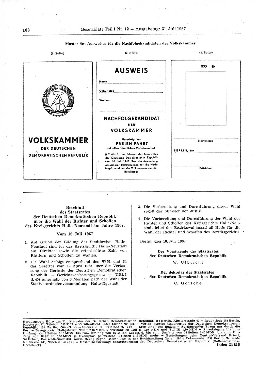 Gesetzblatt (GBl.) der Deutschen Demokratischen Republik (DDR) Teil Ⅰ 1967, Seite 108 (GBl. DDR Ⅰ 1967, S. 108)