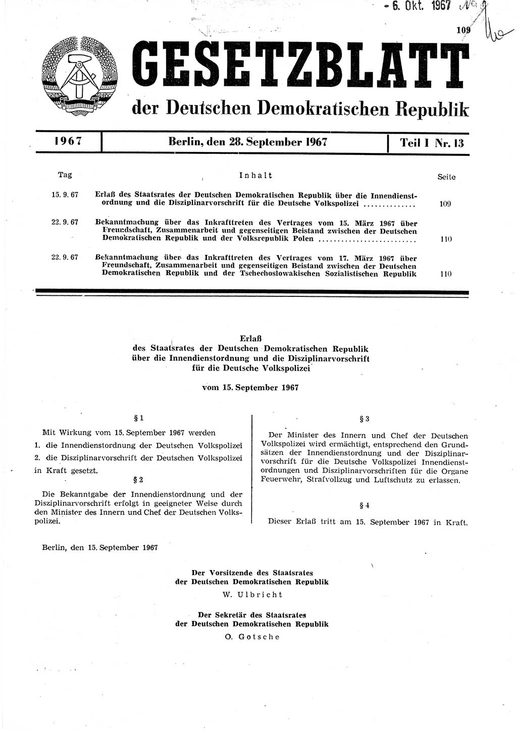 Gesetzblatt (GBl.) der Deutschen Demokratischen Republik (DDR) Teil Ⅰ 1967, Seite 109 (GBl. DDR Ⅰ 1967, S. 109)