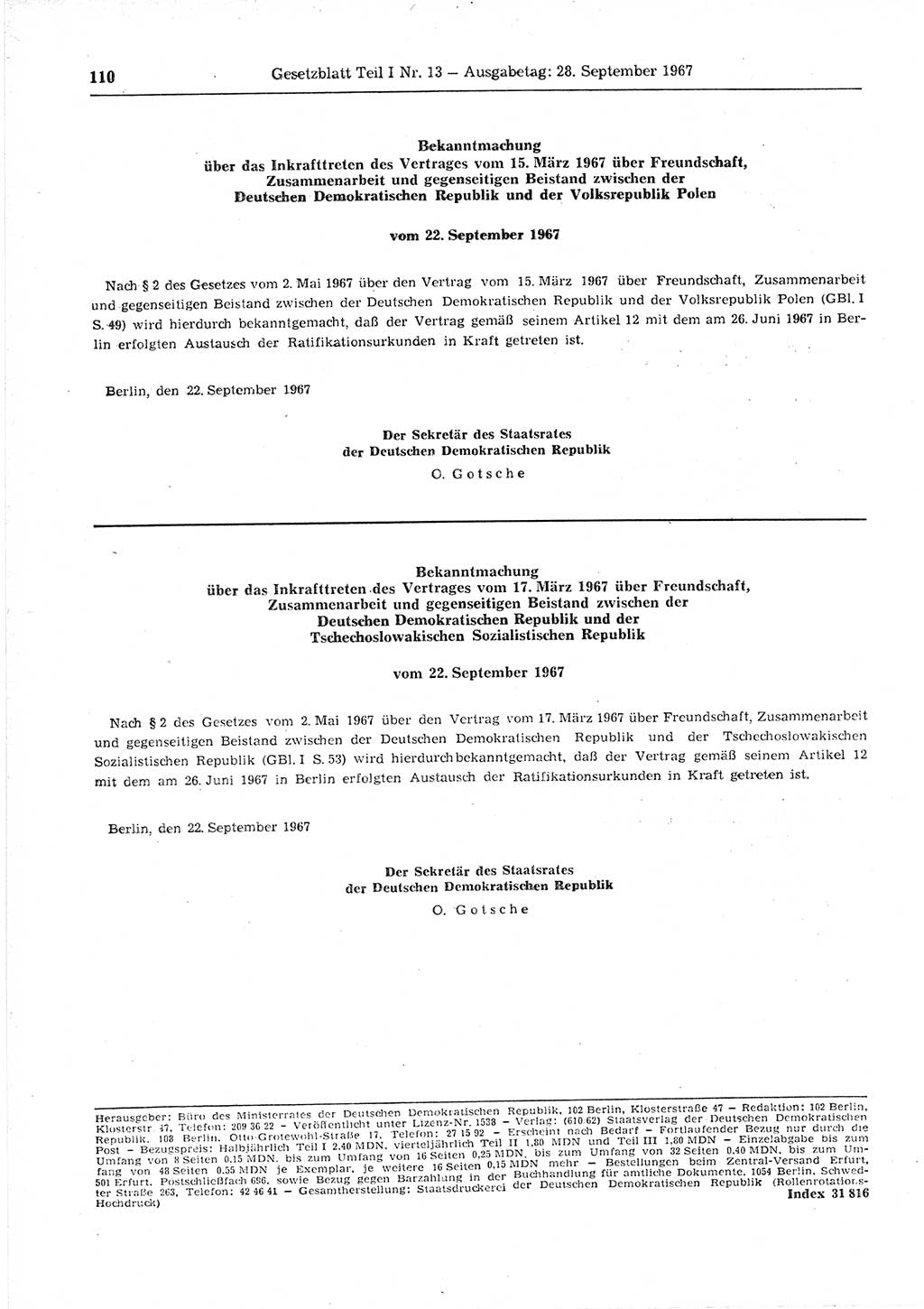 Gesetzblatt (GBl.) der Deutschen Demokratischen Republik (DDR) Teil Ⅰ 1967, Seite 110 (GBl. DDR Ⅰ 1967, S. 110)