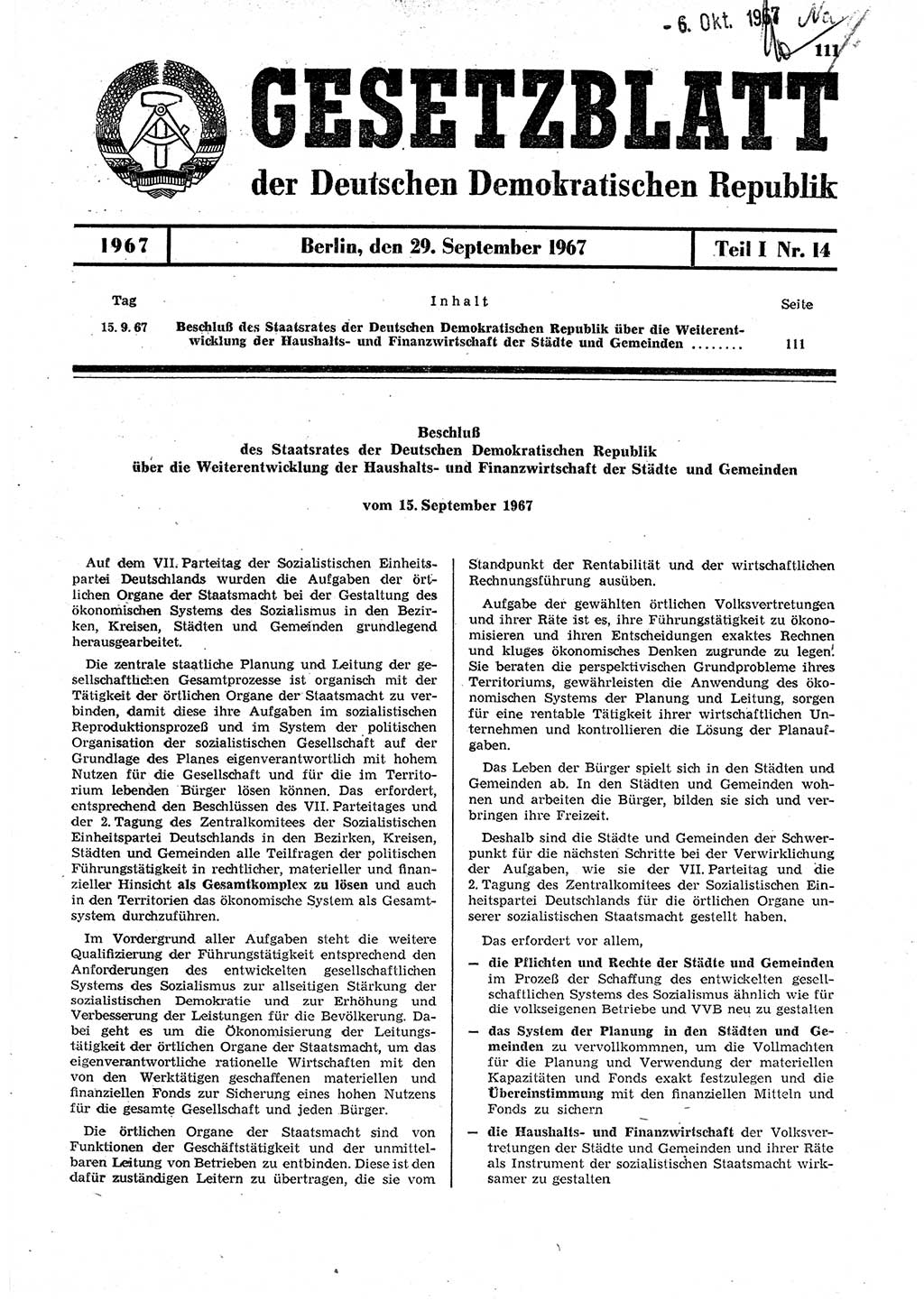 Gesetzblatt (GBl.) der Deutschen Demokratischen Republik (DDR) Teil Ⅰ 1967, Seite 111 (GBl. DDR Ⅰ 1967, S. 111)