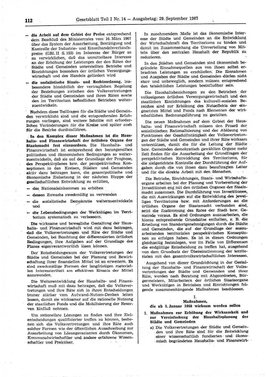 Gesetzblatt (GBl.) der Deutschen Demokratischen Republik (DDR) Teil Ⅰ 1967, Seite 112 (GBl. DDR Ⅰ 1967, S. 112)