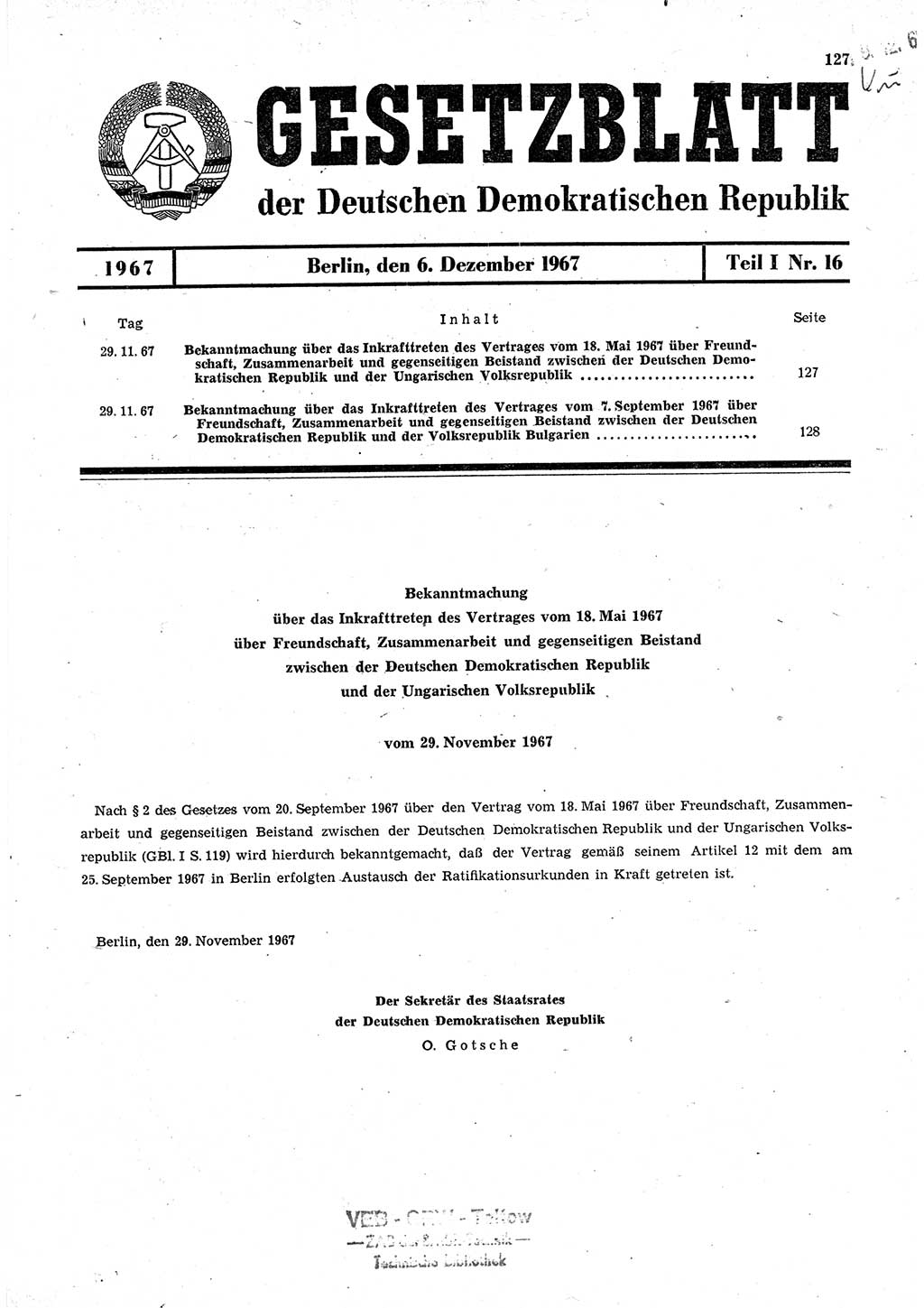 Gesetzblatt (GBl.) der Deutschen Demokratischen Republik (DDR) Teil Ⅰ 1967, Seite 127 (GBl. DDR Ⅰ 1967, S. 127)