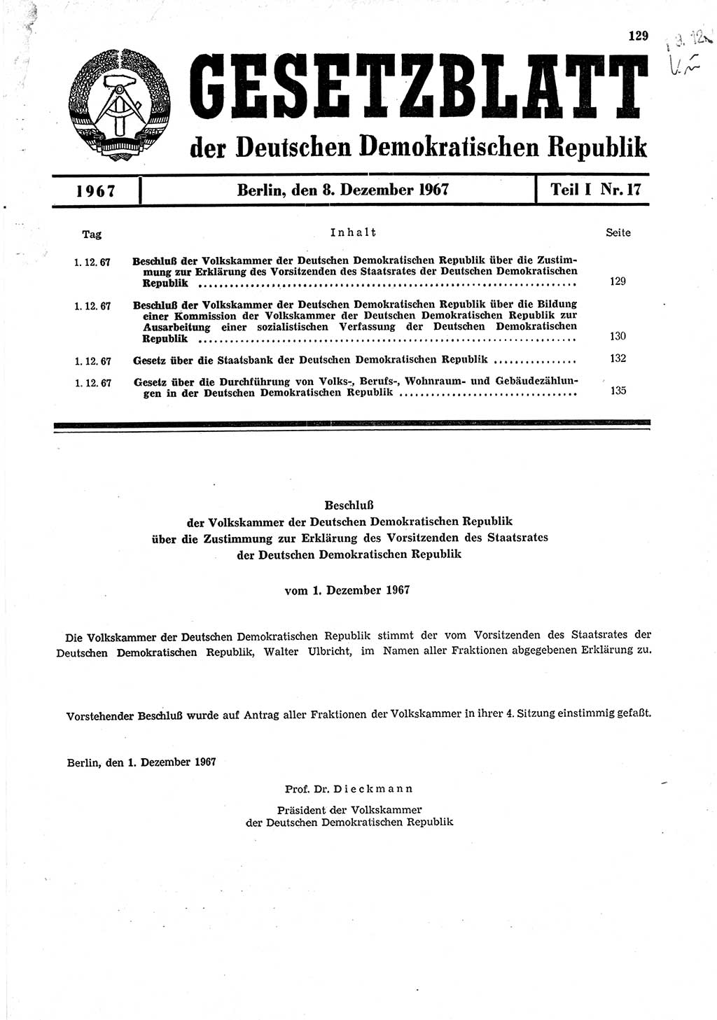 Gesetzblatt (GBl.) der Deutschen Demokratischen Republik (DDR) Teil Ⅰ 1967, Seite 129 (GBl. DDR Ⅰ 1967, S. 129)