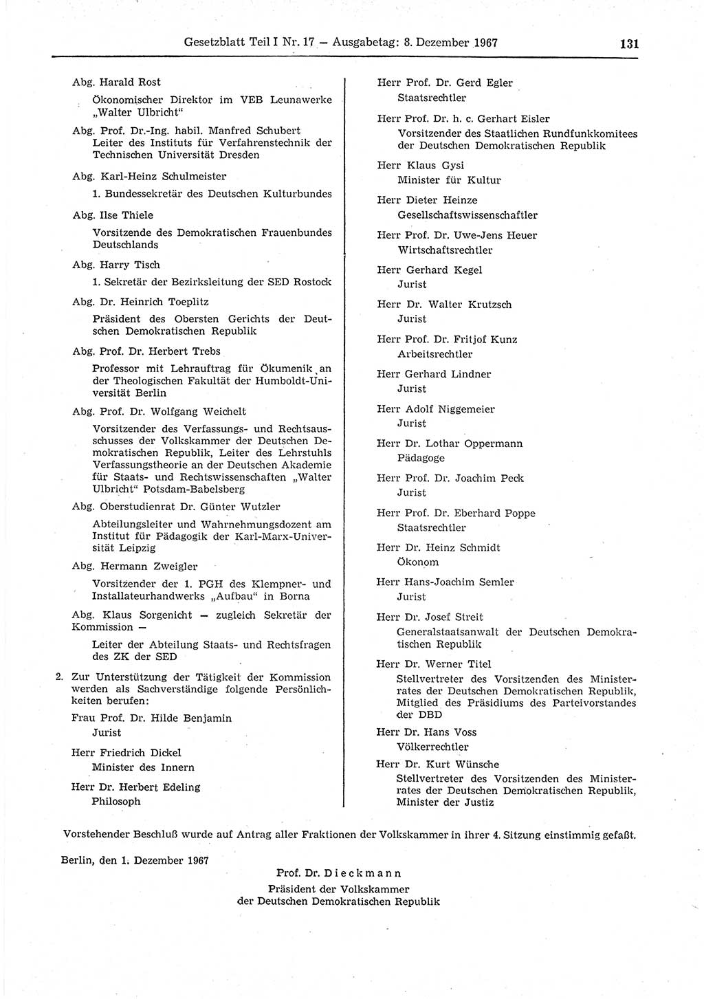 Gesetzblatt (GBl.) der Deutschen Demokratischen Republik (DDR) Teil Ⅰ 1967, Seite 131 (GBl. DDR Ⅰ 1967, S. 131)