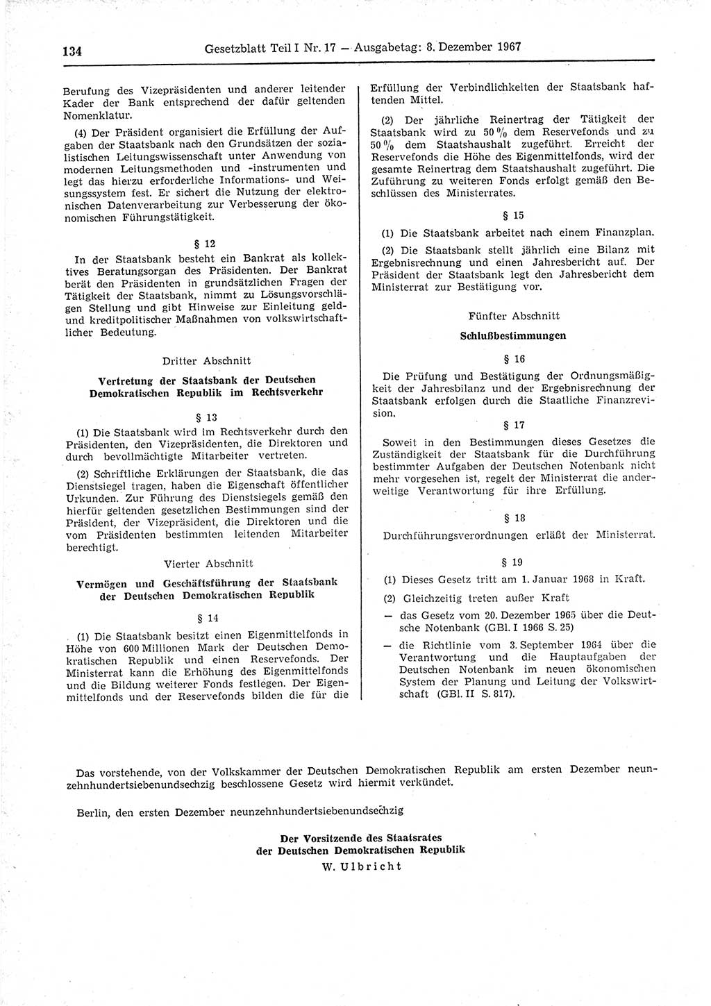 Gesetzblatt (GBl.) der Deutschen Demokratischen Republik (DDR) Teil Ⅰ 1967, Seite 134 (GBl. DDR Ⅰ 1967, S. 134)