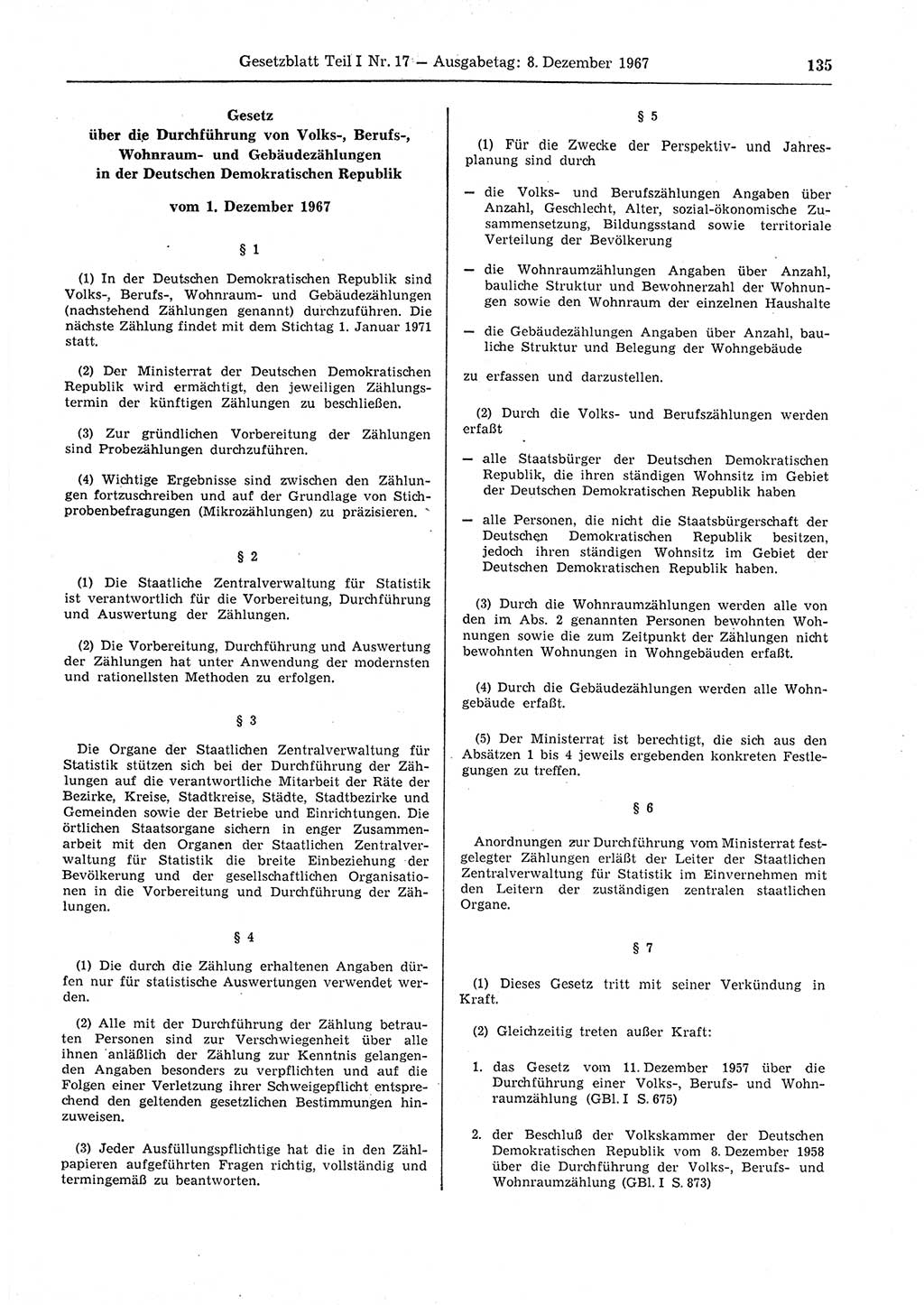 Gesetzblatt (GBl.) der Deutschen Demokratischen Republik (DDR) Teil Ⅰ 1967, Seite 135 (GBl. DDR Ⅰ 1967, S. 135)