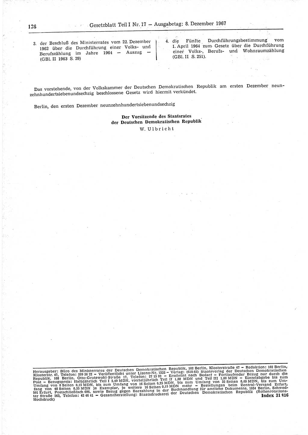 Gesetzblatt (GBl.) der Deutschen Demokratischen Republik (DDR) Teil Ⅰ 1967, Seite 136 (GBl. DDR Ⅰ 1967, S. 136)