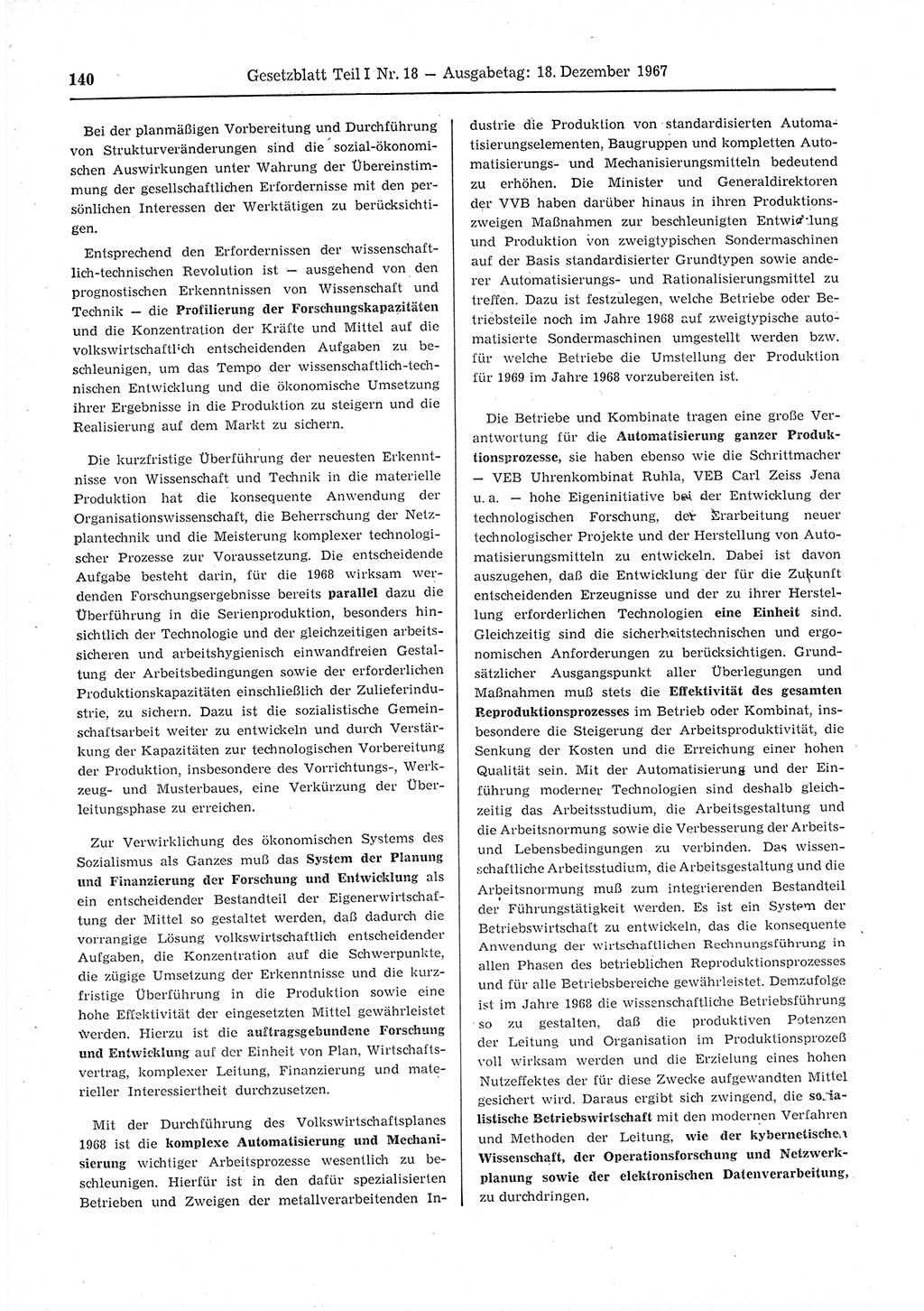 Gesetzblatt (GBl.) der Deutschen Demokratischen Republik (DDR) Teil Ⅰ 1967, Seite 140 (GBl. DDR Ⅰ 1967, S. 140)