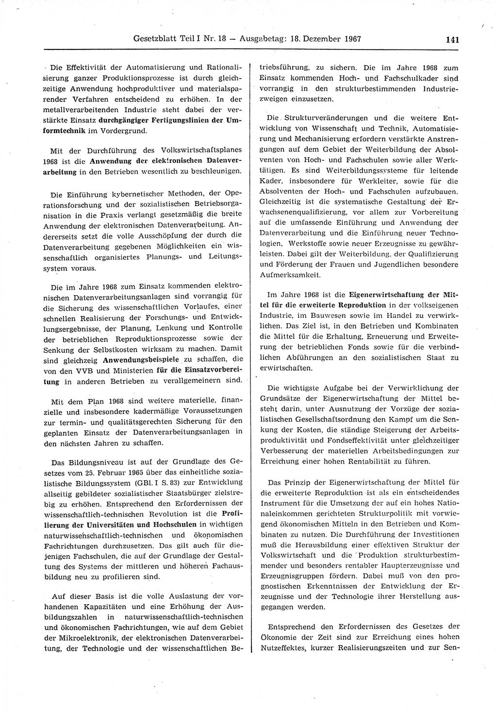 Gesetzblatt (GBl.) der Deutschen Demokratischen Republik (DDR) Teil Ⅰ 1967, Seite 141 (GBl. DDR Ⅰ 1967, S. 141)