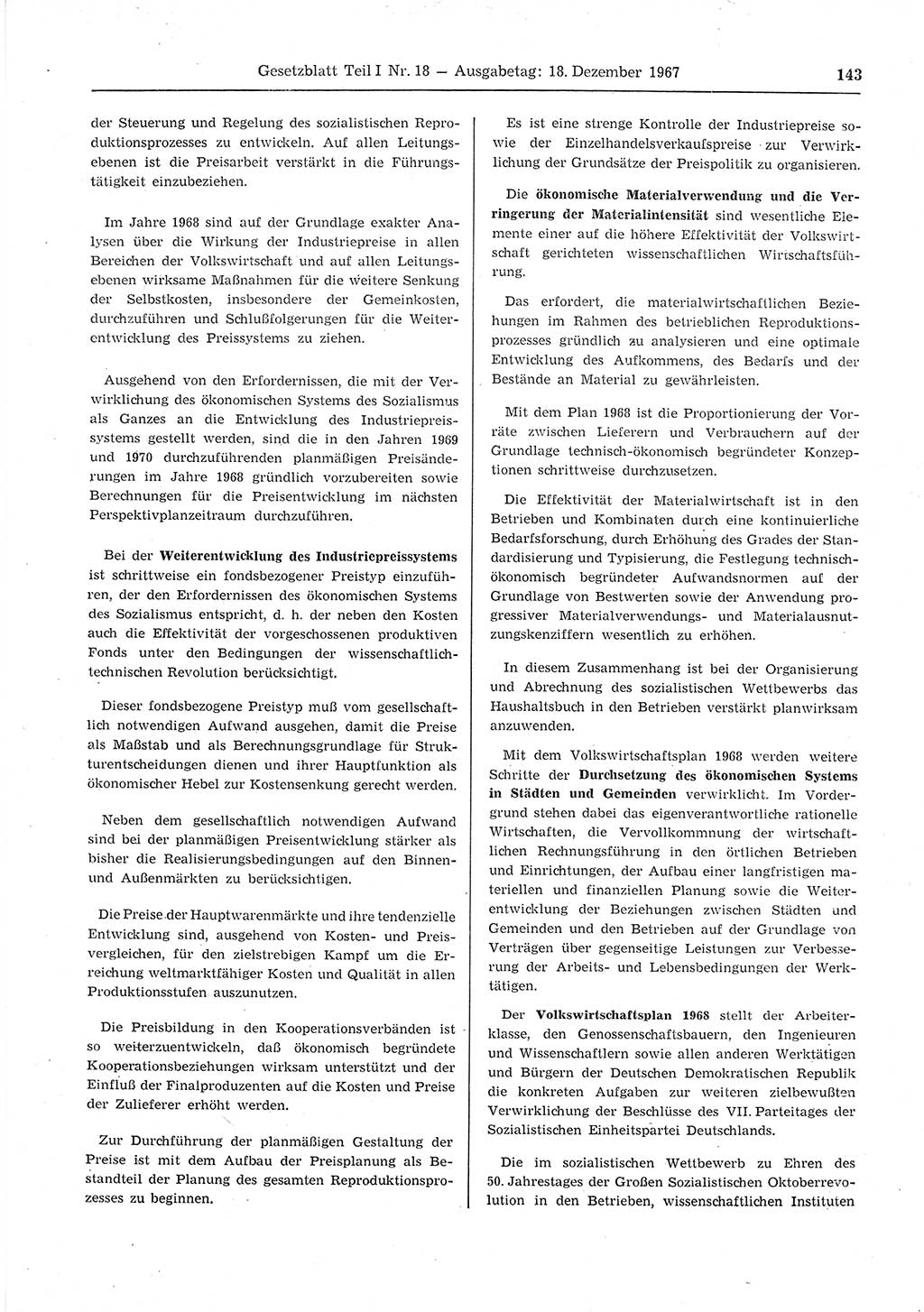 Gesetzblatt (GBl.) der Deutschen Demokratischen Republik (DDR) Teil Ⅰ 1967, Seite 143 (GBl. DDR Ⅰ 1967, S. 143)