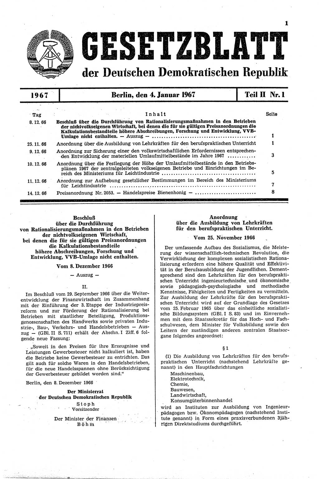 Gesetzblatt (GBl.) der Deutschen Demokratischen Republik (DDR) Teil ⅠⅠ 1967, Seite 1 (GBl. DDR ⅠⅠ 1967, S. 1)