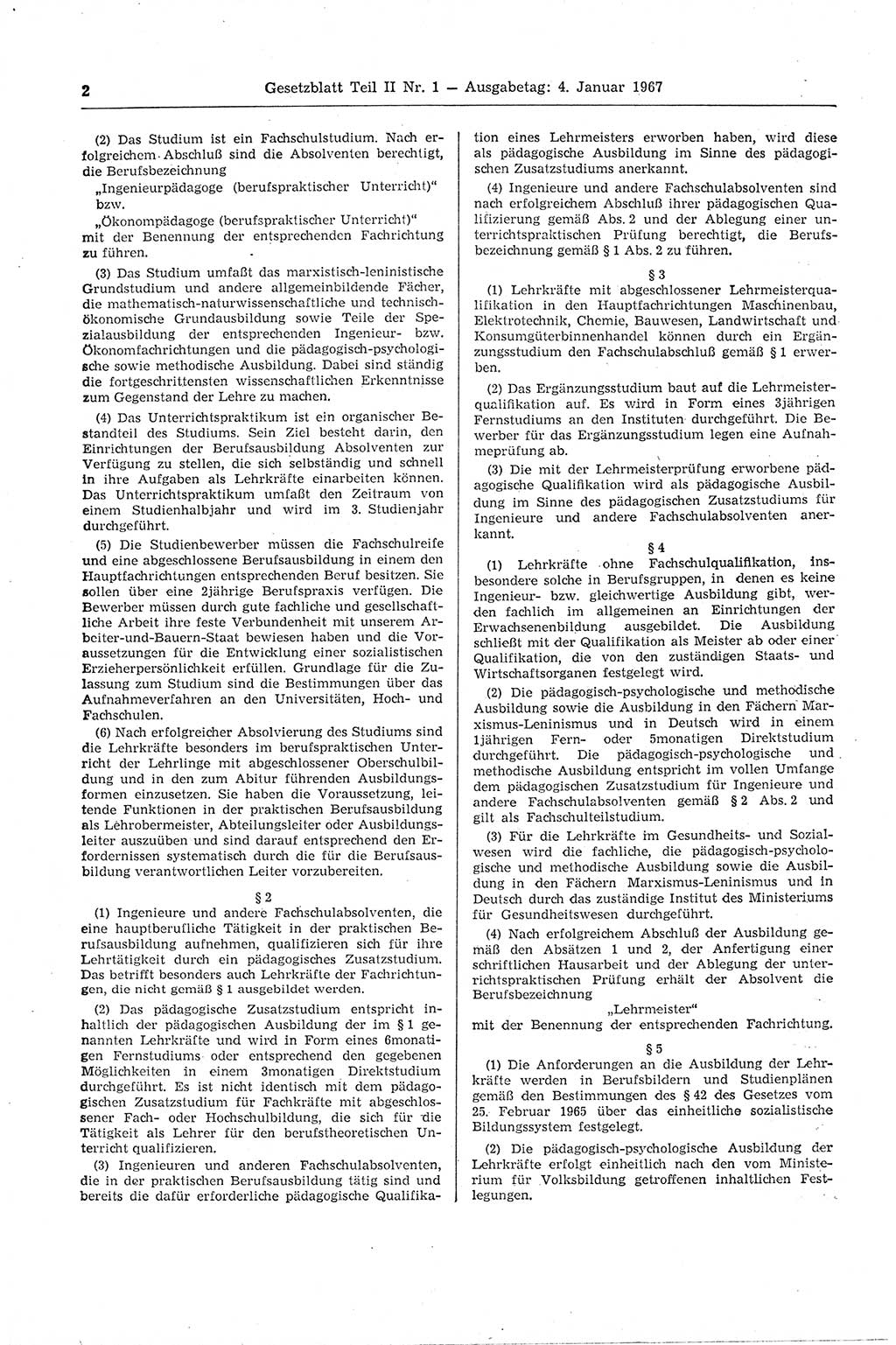Gesetzblatt (GBl.) der Deutschen Demokratischen Republik (DDR) Teil ⅠⅠ 1967, Seite 2 (GBl. DDR ⅠⅠ 1967, S. 2)