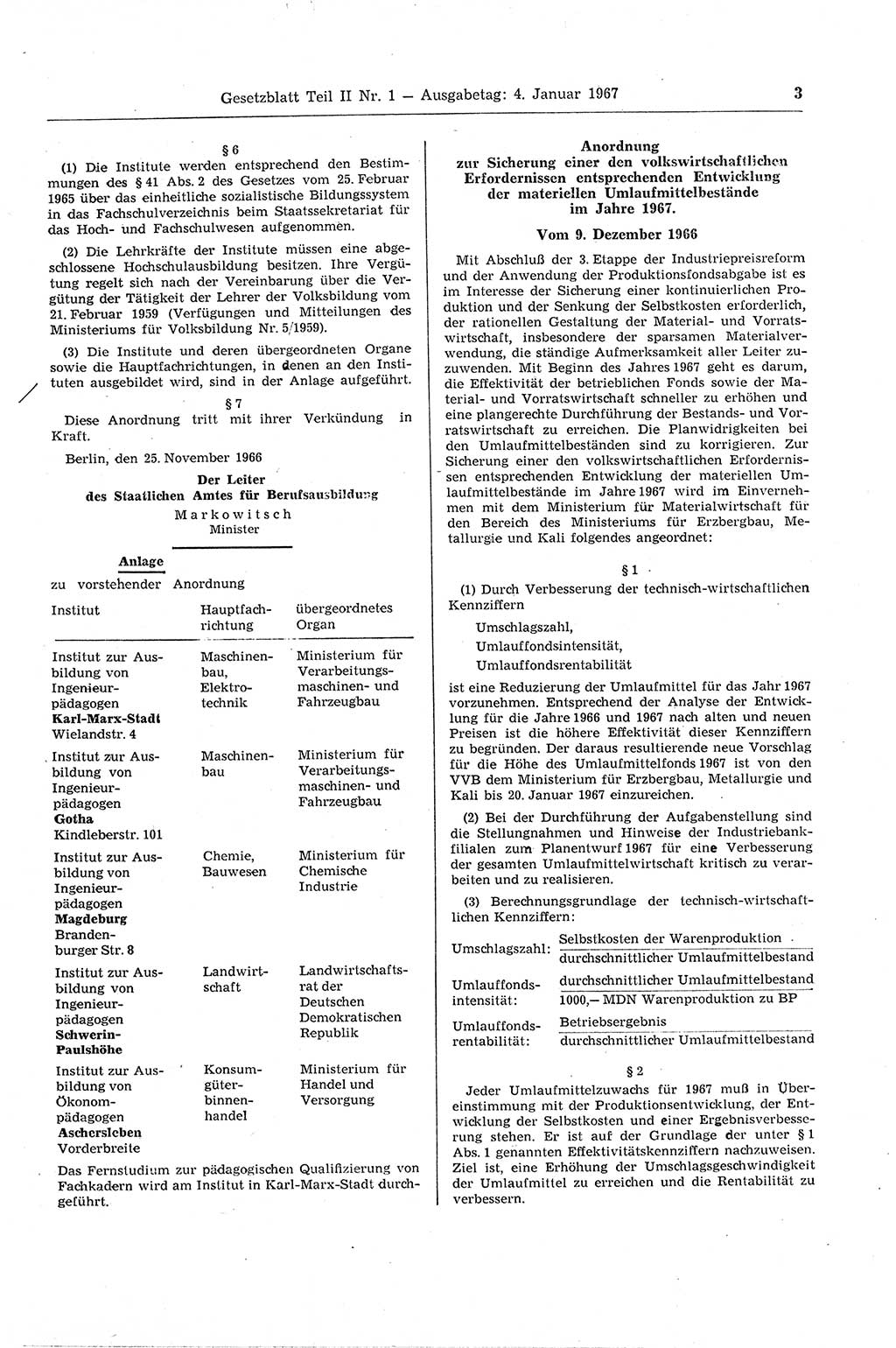 Gesetzblatt (GBl.) der Deutschen Demokratischen Republik (DDR) Teil ⅠⅠ 1967, Seite 3 (GBl. DDR ⅠⅠ 1967, S. 3)