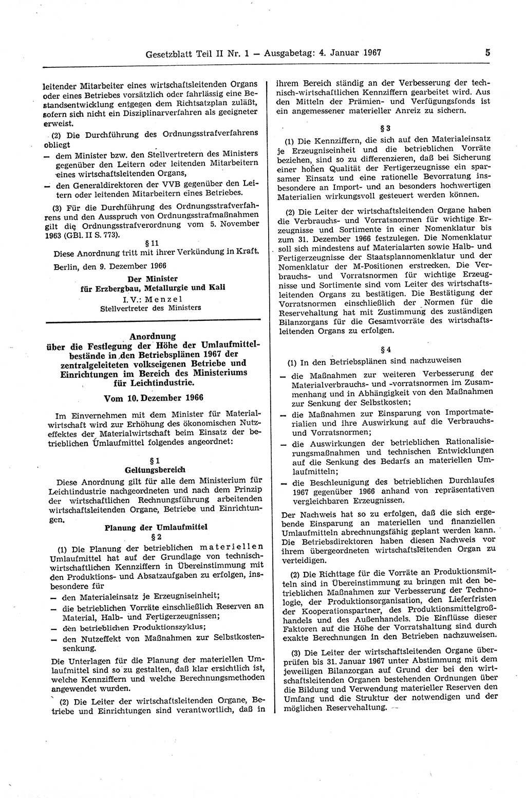 Gesetzblatt (GBl.) der Deutschen Demokratischen Republik (DDR) Teil ⅠⅠ 1967, Seite 5 (GBl. DDR ⅠⅠ 1967, S. 5)