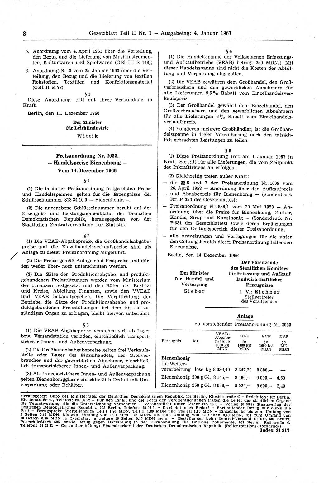 Gesetzblatt (GBl.) der Deutschen Demokratischen Republik (DDR) Teil ⅠⅠ 1967, Seite 8 (GBl. DDR ⅠⅠ 1967, S. 8)